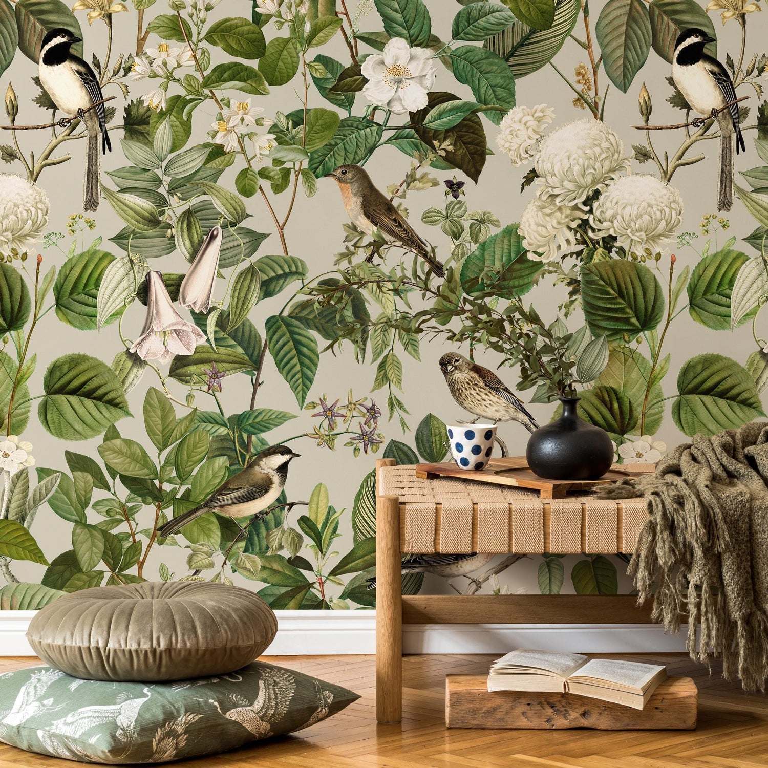 Floral Wallpaper, Botanical Scenic Wall Mural, Removable Wallpaper, Peel and Stick Wallpaper, Reusable, Green Plant Wall Decor - E109 B