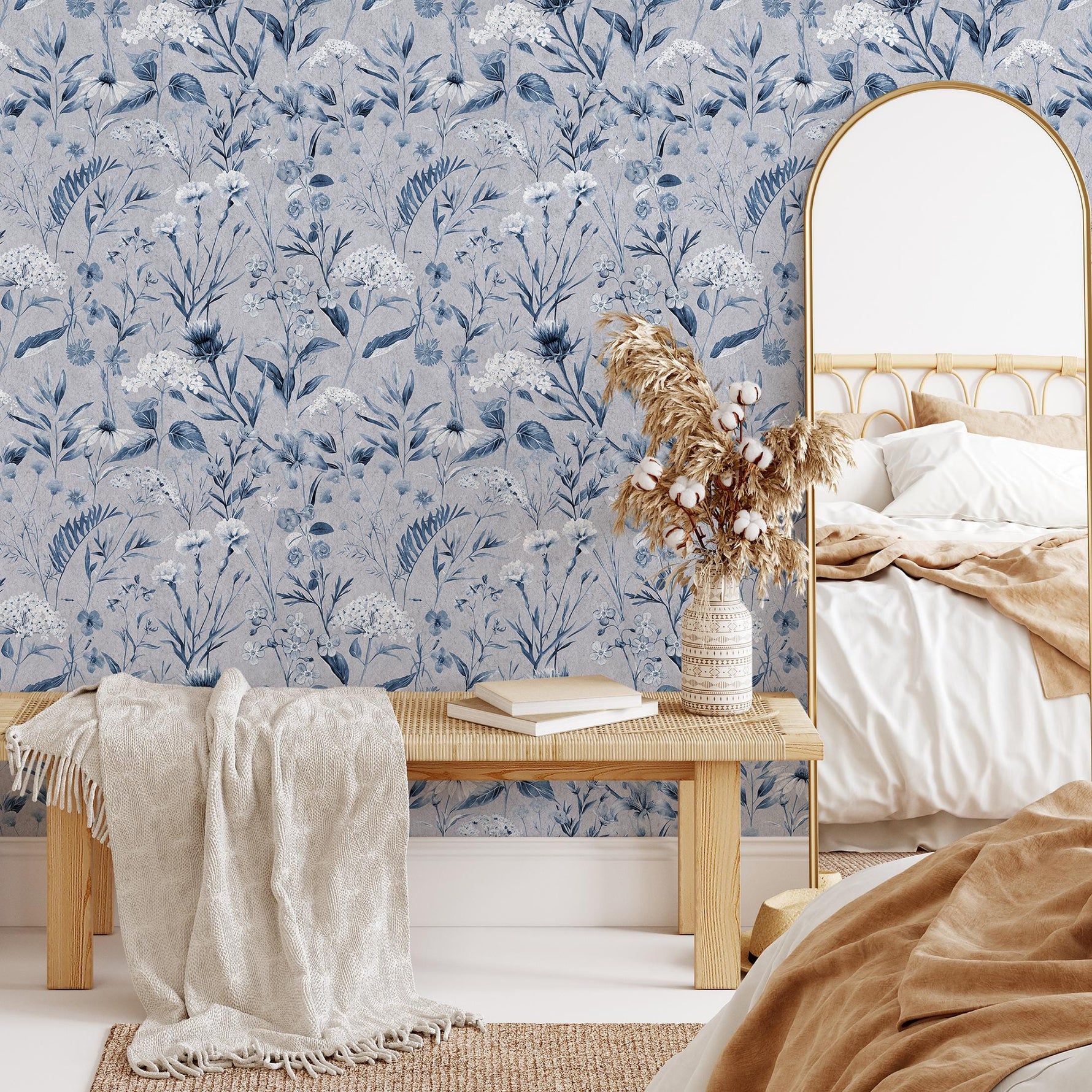 Floral wallpaper, botanical landscape wall mural, removable wallpaper, greenery, self-adhesive wallpaper, reusable, plant wall decor - E110