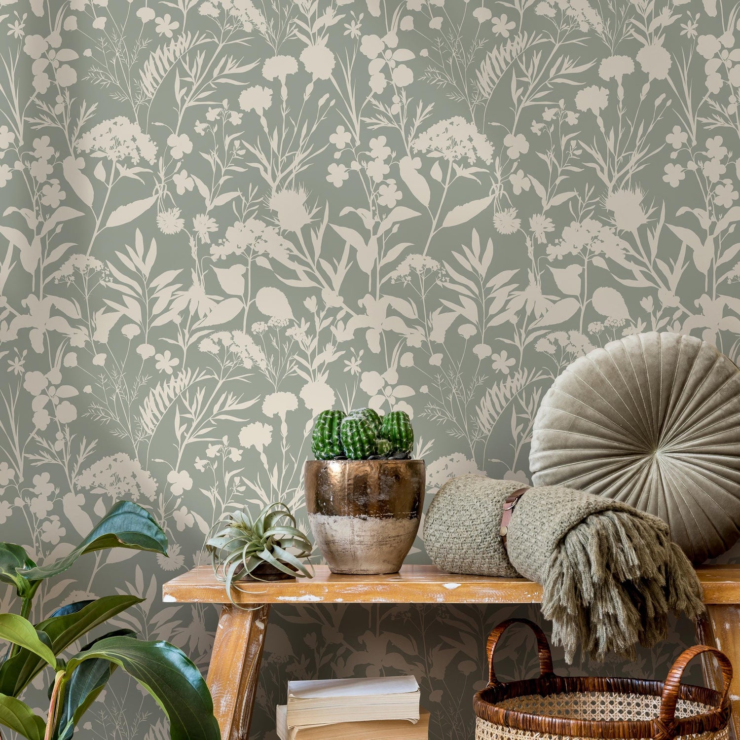 Floral wallpaper, botanical landscape wall mural, removable wallpaper, greenery, self-adhesive wallpaper, reusable, plant wall decor - E111