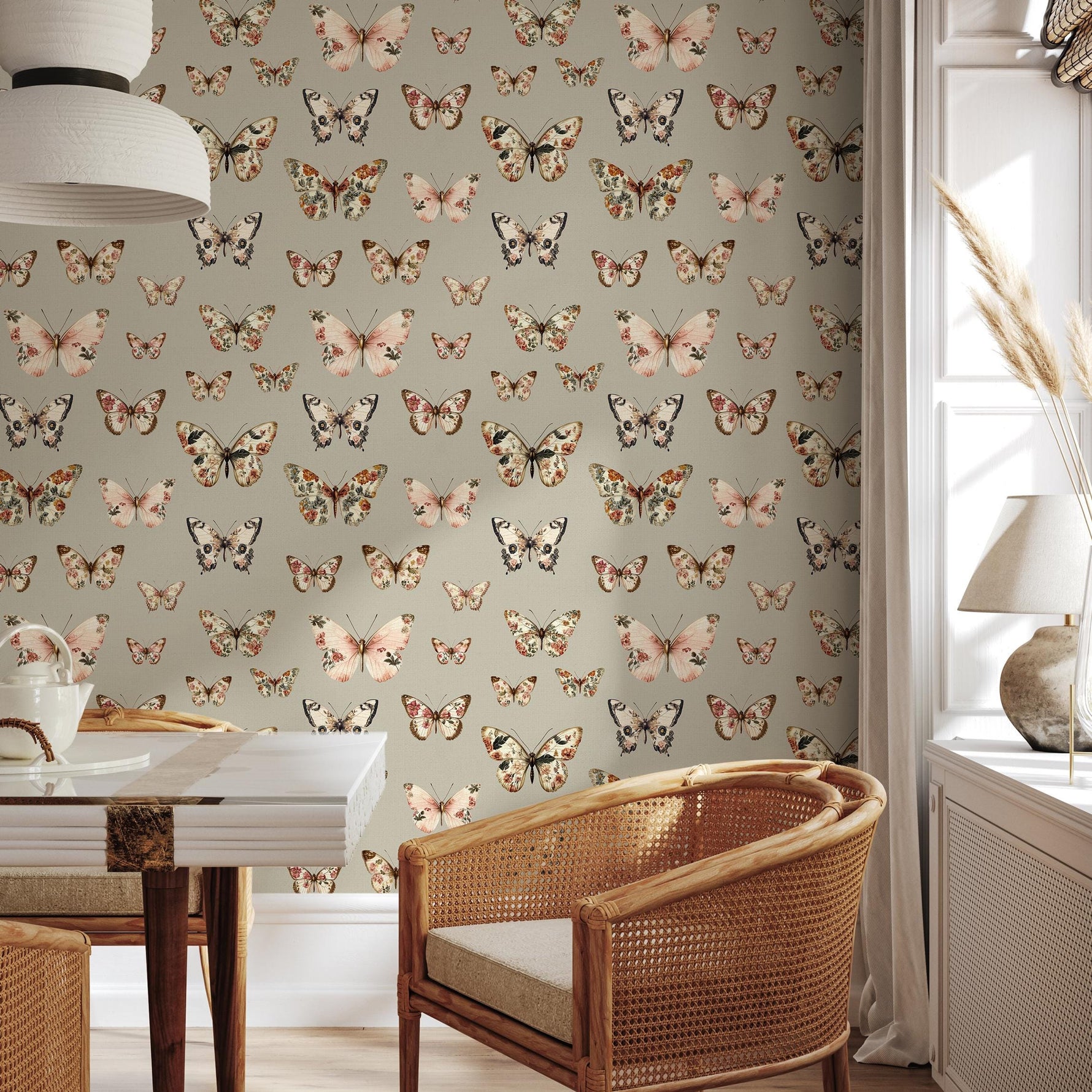 Vintage butterfly peel and stick wallpaper, dark green wallpaper, small animal wallpaper, botanical wallpaper, removable wallpaper - E112 B