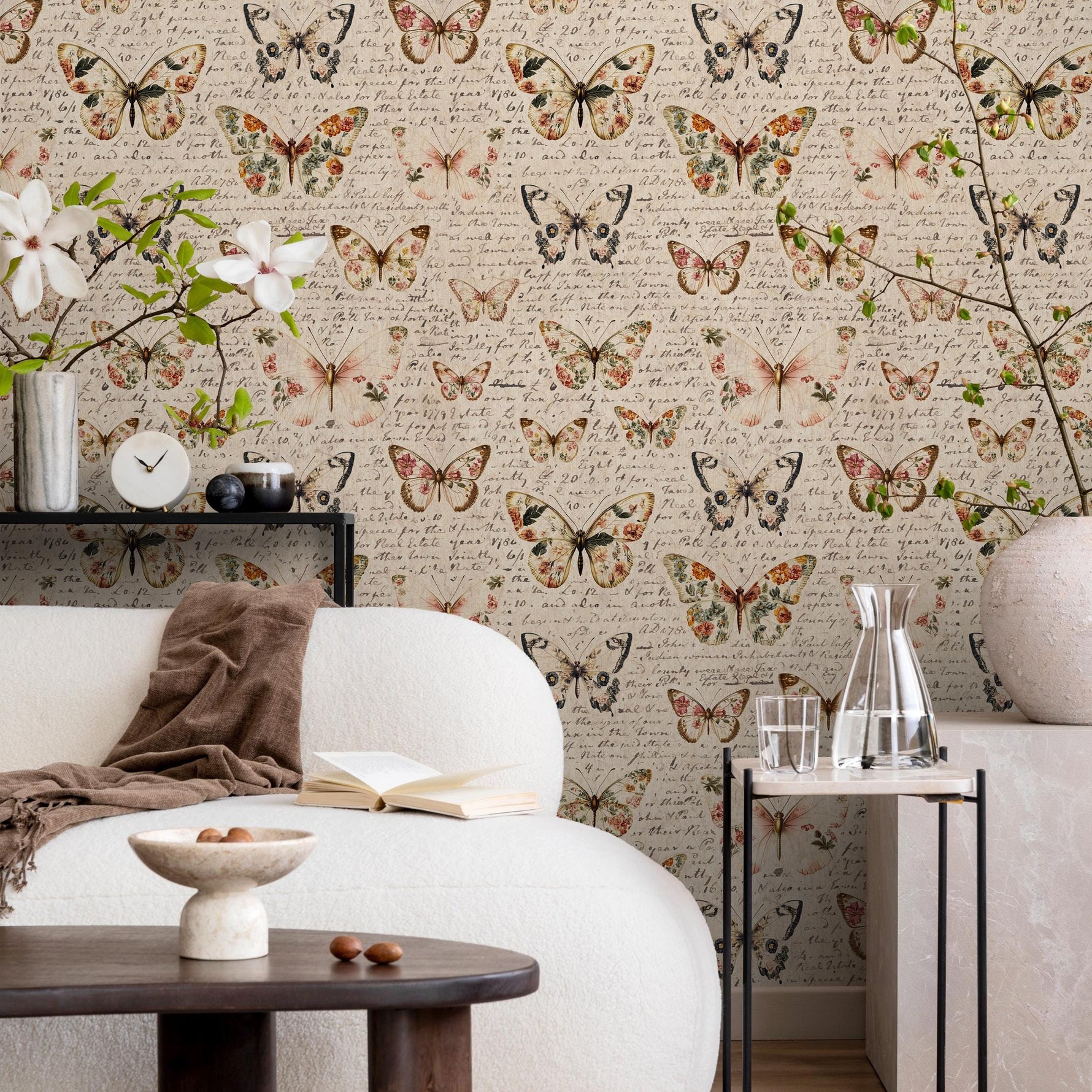 Vintage butterfly peel and stick wallpaper, wallpaper, small animal wallpaper, botanical animal wallpaper, removable wallpaper - E113