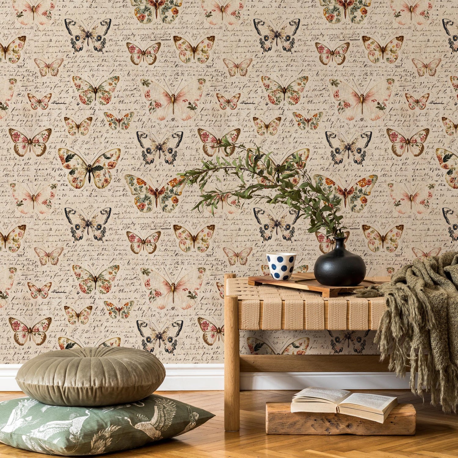 Vintage butterfly peel and stick wallpaper, wallpaper, small animal wallpaper, botanical animal wallpaper, removable wallpaper - E113