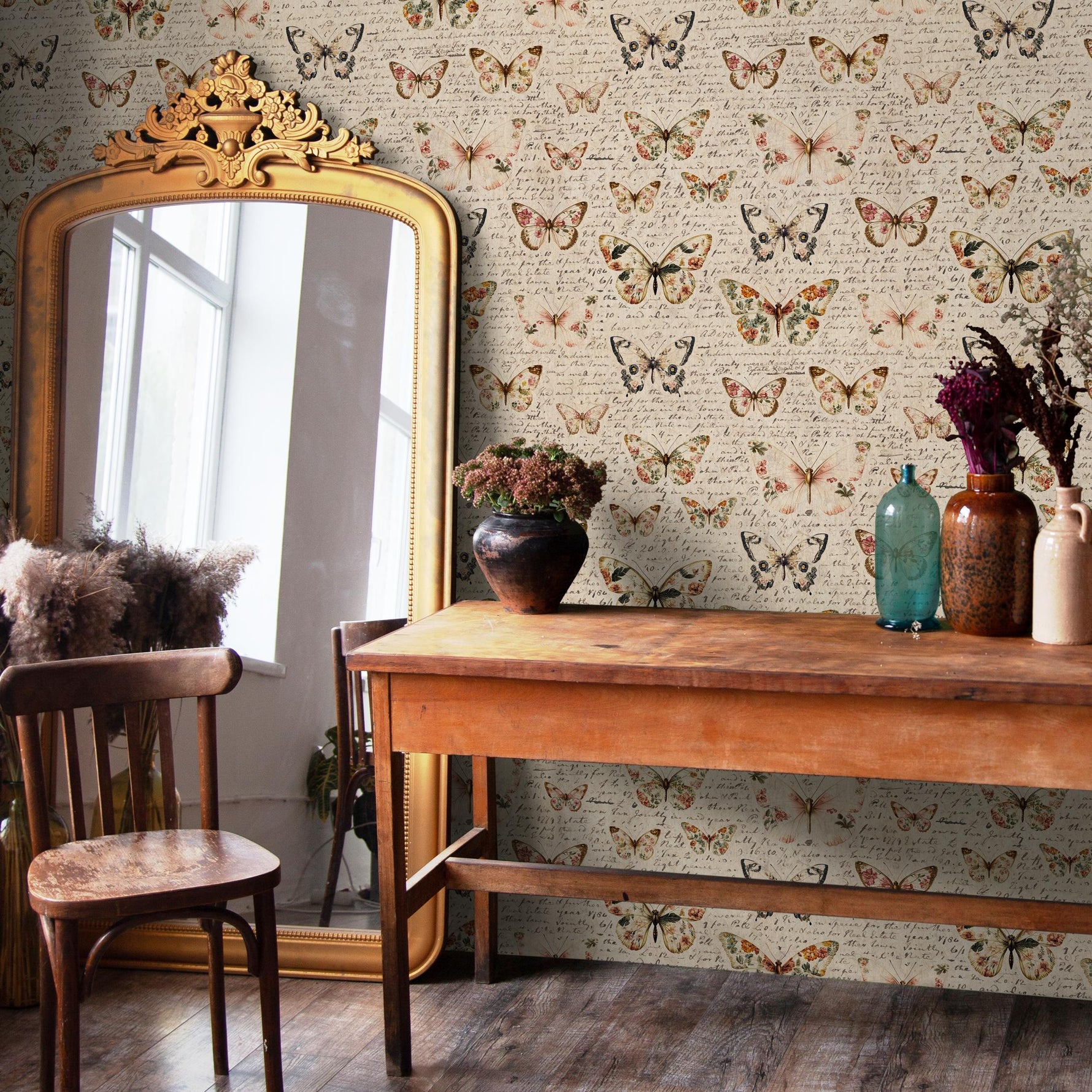 Vintage butterfly peel and stick wallpaper, wallpaper, small animal wallpaper, botanical animal wallpaper, removable wallpaper - E113