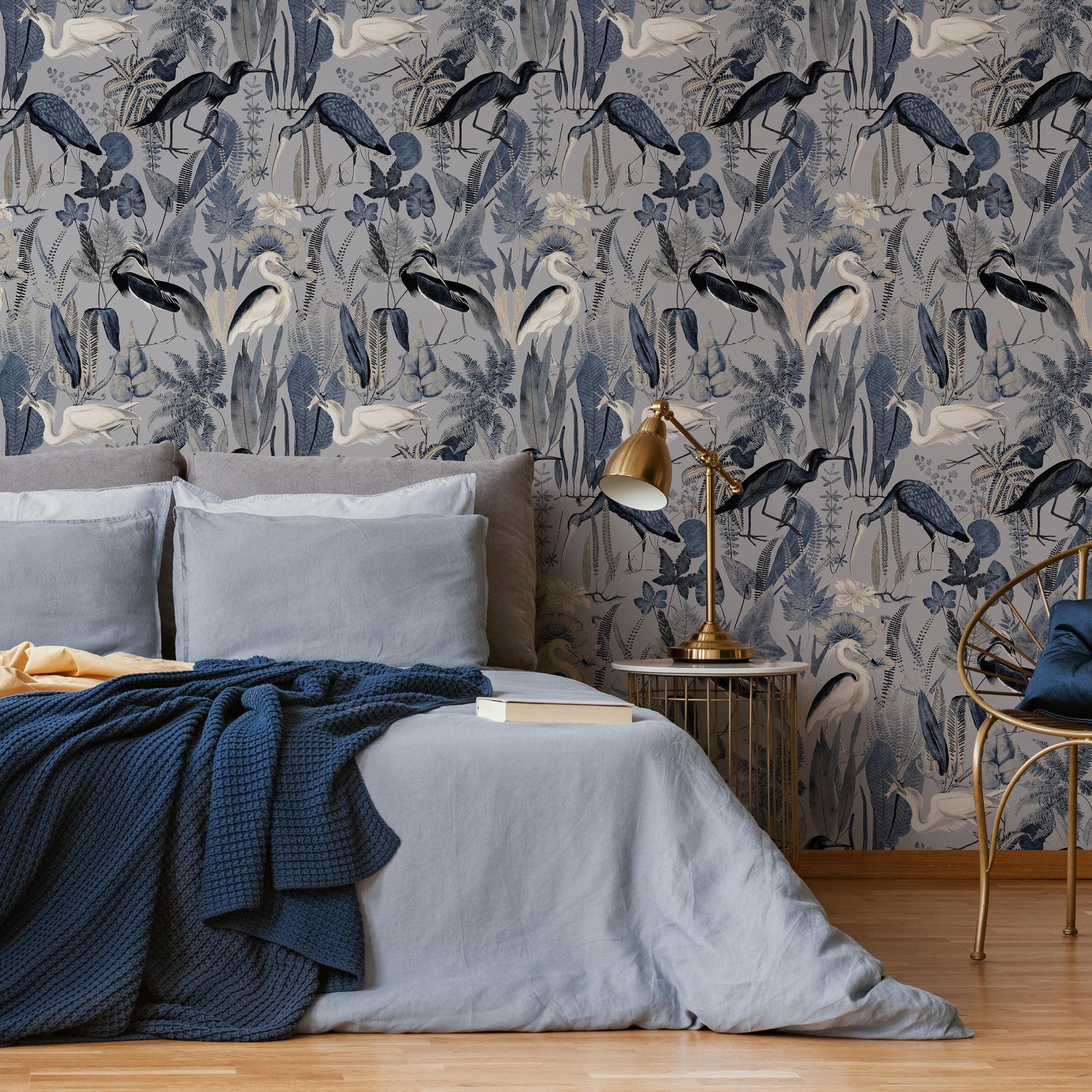 Heron Wallpaper, Peel and Stick Heron Wallpaper, Peel and Stick Wallpaper, Removable Botanical Wallpaper, Wallpaper - E115