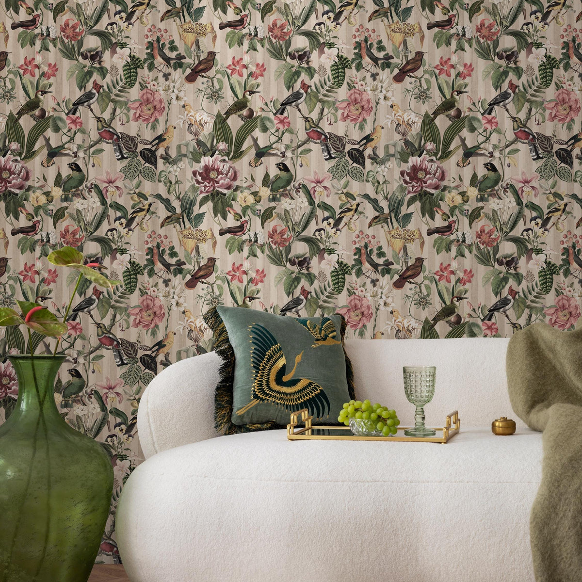 Bird Wallpaper Traditional Wallpaper Removable Peel and Stick Wallpaper, Self Adhesive, Renter Friendly, Feminine Green Wallpaper - E117