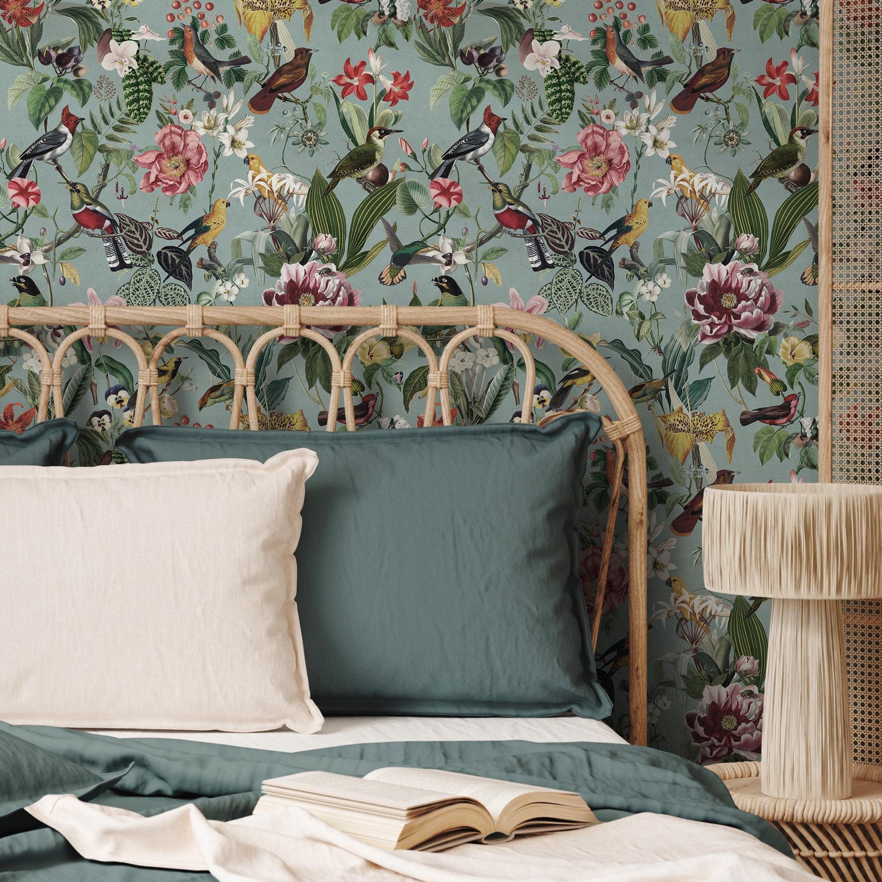 Bird Wallpaper Traditional Wallpaper Removable Peel and Stick Wallpaper, Self Adhesive, Renter Friendly, Feminine Green Wallpaper - E119