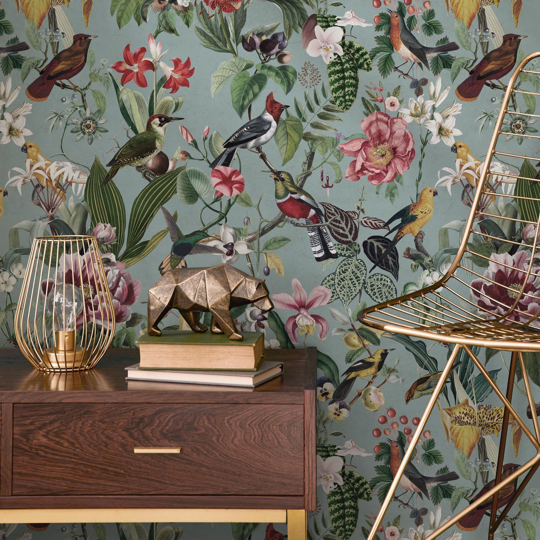 Bird Wallpaper Traditional Wallpaper Removable Peel and Stick Wallpaper, Self Adhesive, Renter Friendly, Feminine Green Wallpaper - E119