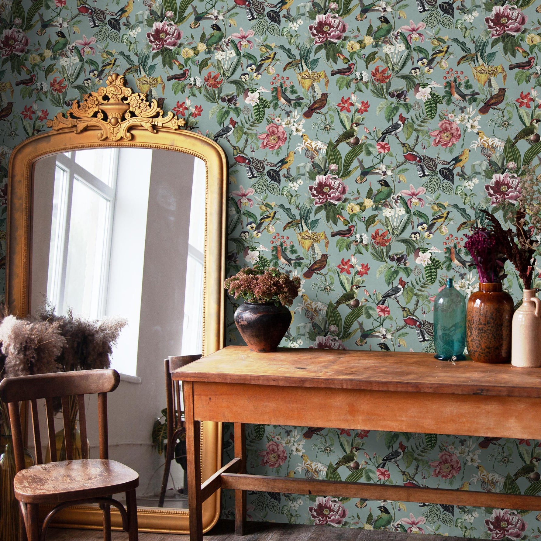 Bird Wallpaper Traditional Wallpaper Removable Peel and Stick Wallpaper, Self Adhesive, Renter Friendly, Feminine Green Wallpaper - E119