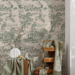 Retro Vintage French Toile de Jouy Wallpaper, Green and Beige Print Wall Decor - E121 B