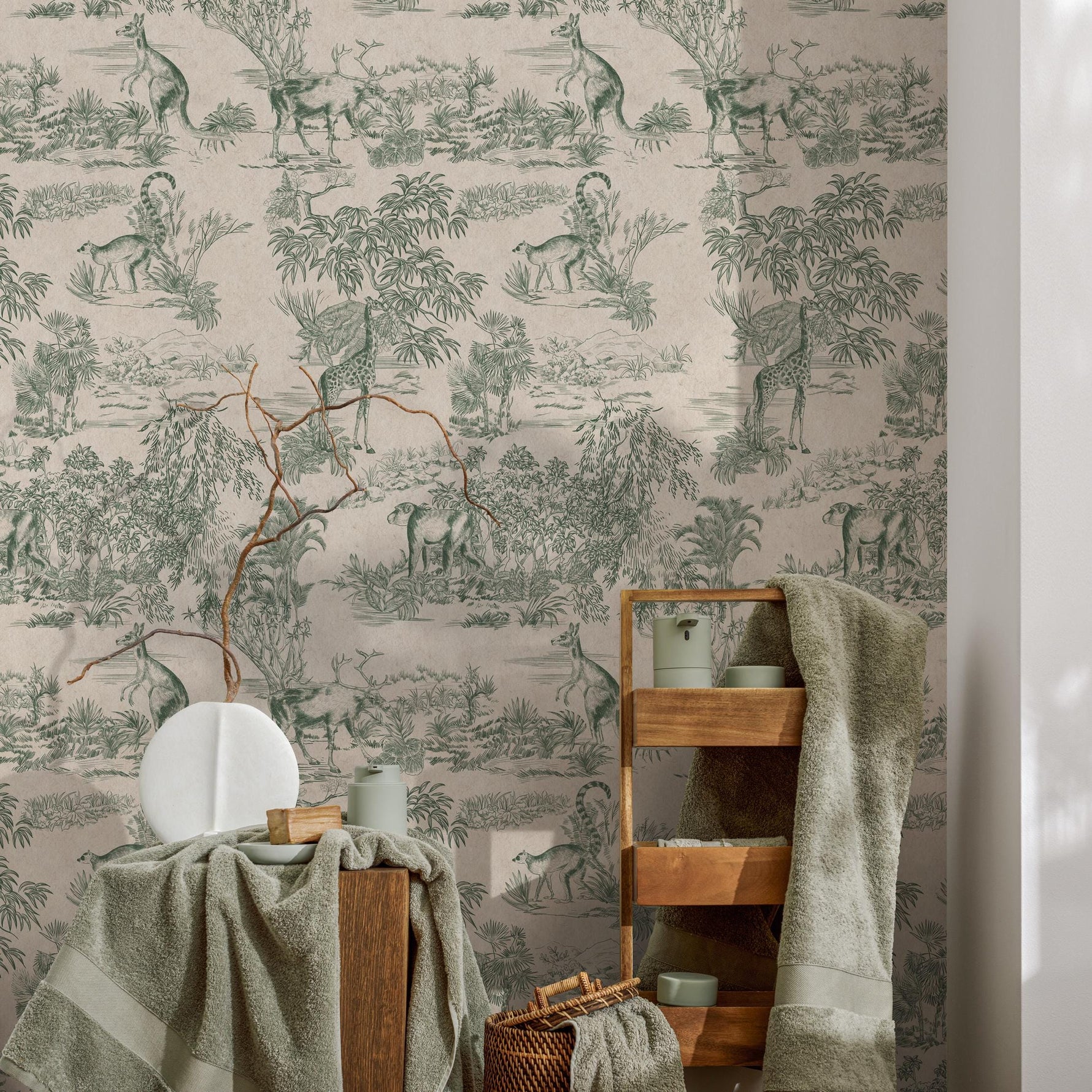 Retro Vintage French Toile de Jouy Wallpaper, Green and Beige Print Wall Decor - E121 B