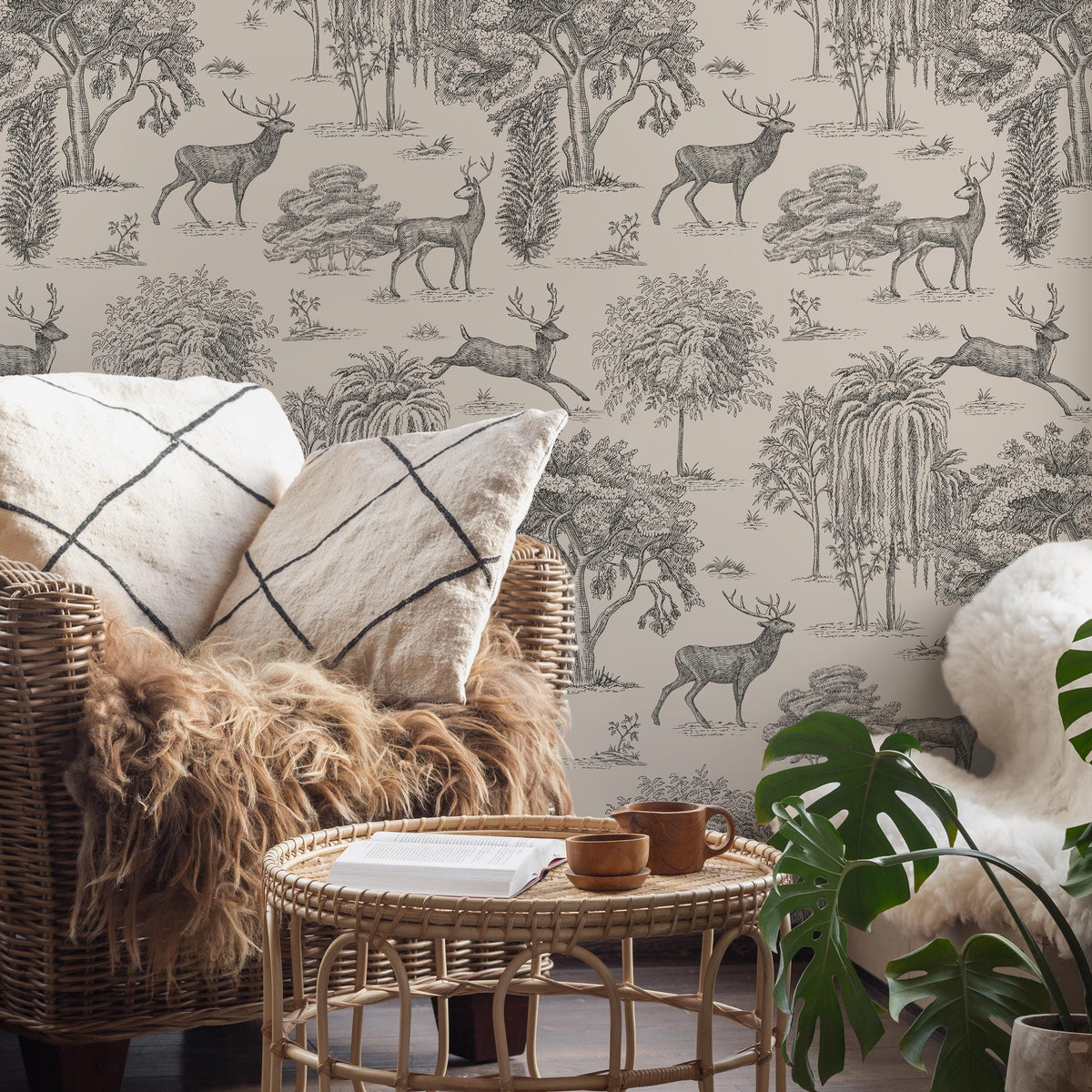 Retro Vintage French Toile de Jouy Wallpaper, Print Wall Decor - E122 B