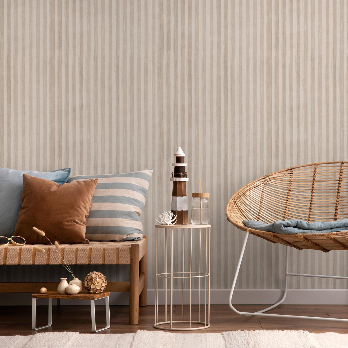 Contemporary beige and off-white striped upholstery fabric - E126