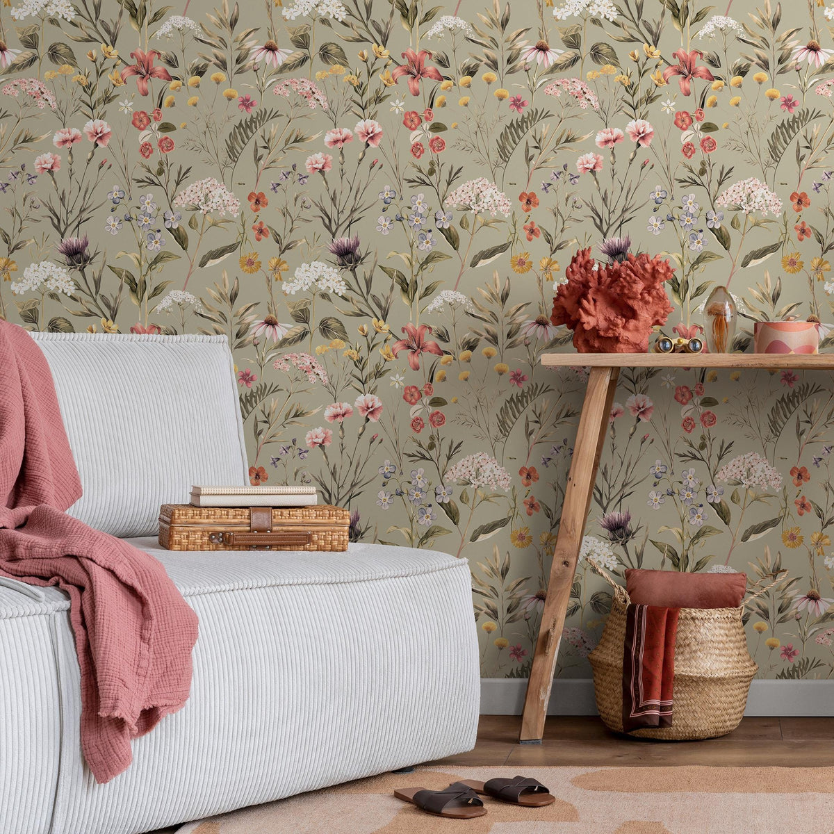 Floral Wallpaper, Botanical Scenic Wall Mural, Removable Wallpaper, Greenery, Peel and Stick Wallpaper, Reusable, Plant Wall Decor - E102 A