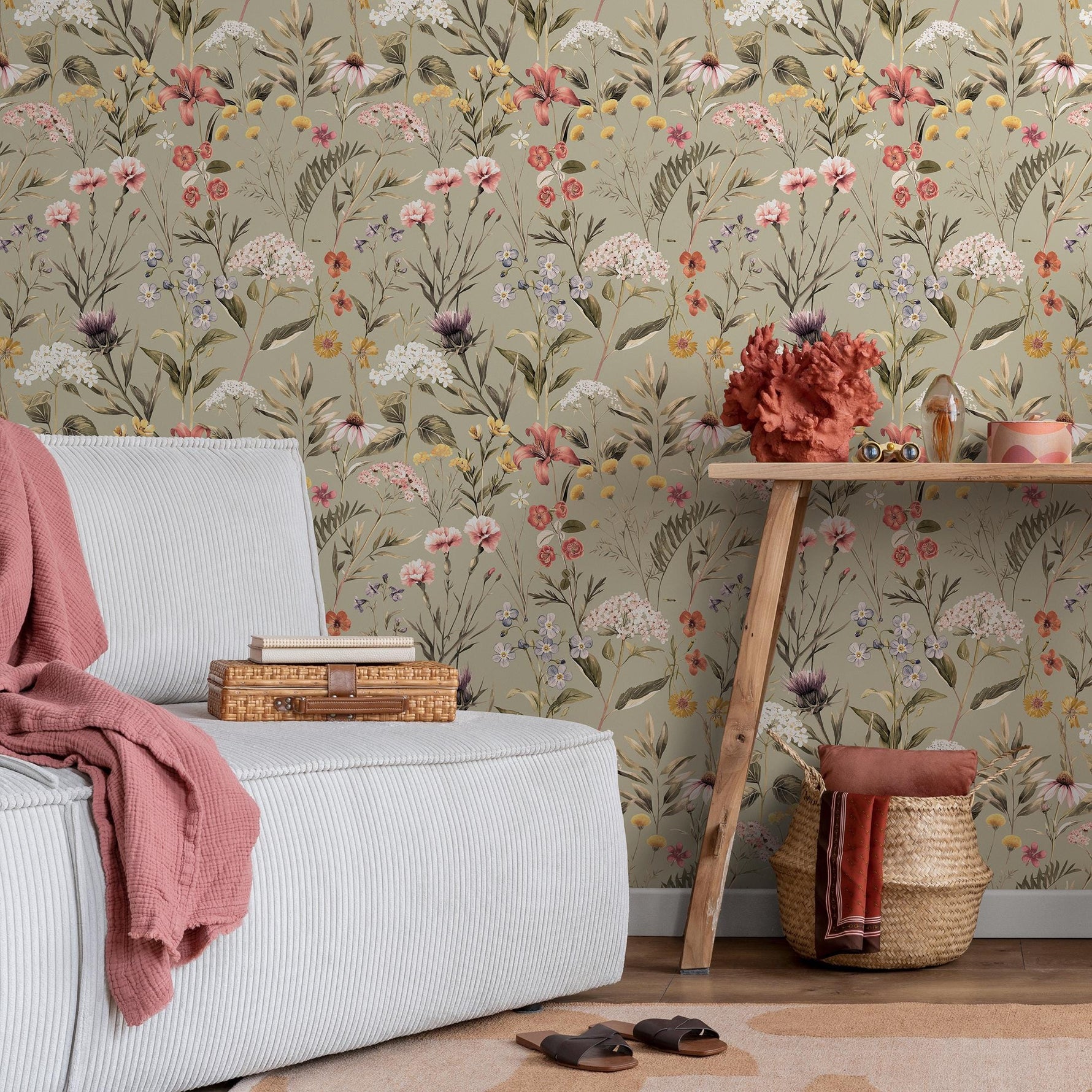 Floral Wallpaper, Botanical Scenic Wall Mural, Removable Wallpaper, Greenery, Peel and Stick Wallpaper, Reusable, Plant Wall Decor - E102 A