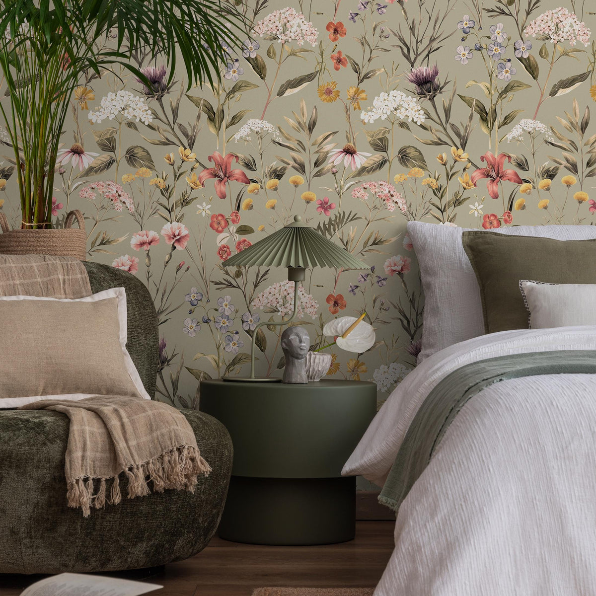 Floral Wallpaper, Botanical Scenic Wall Mural, Removable Wallpaper, Greenery, Peel and Stick Wallpaper, Reusable, Plant Wall Decor - E102 A