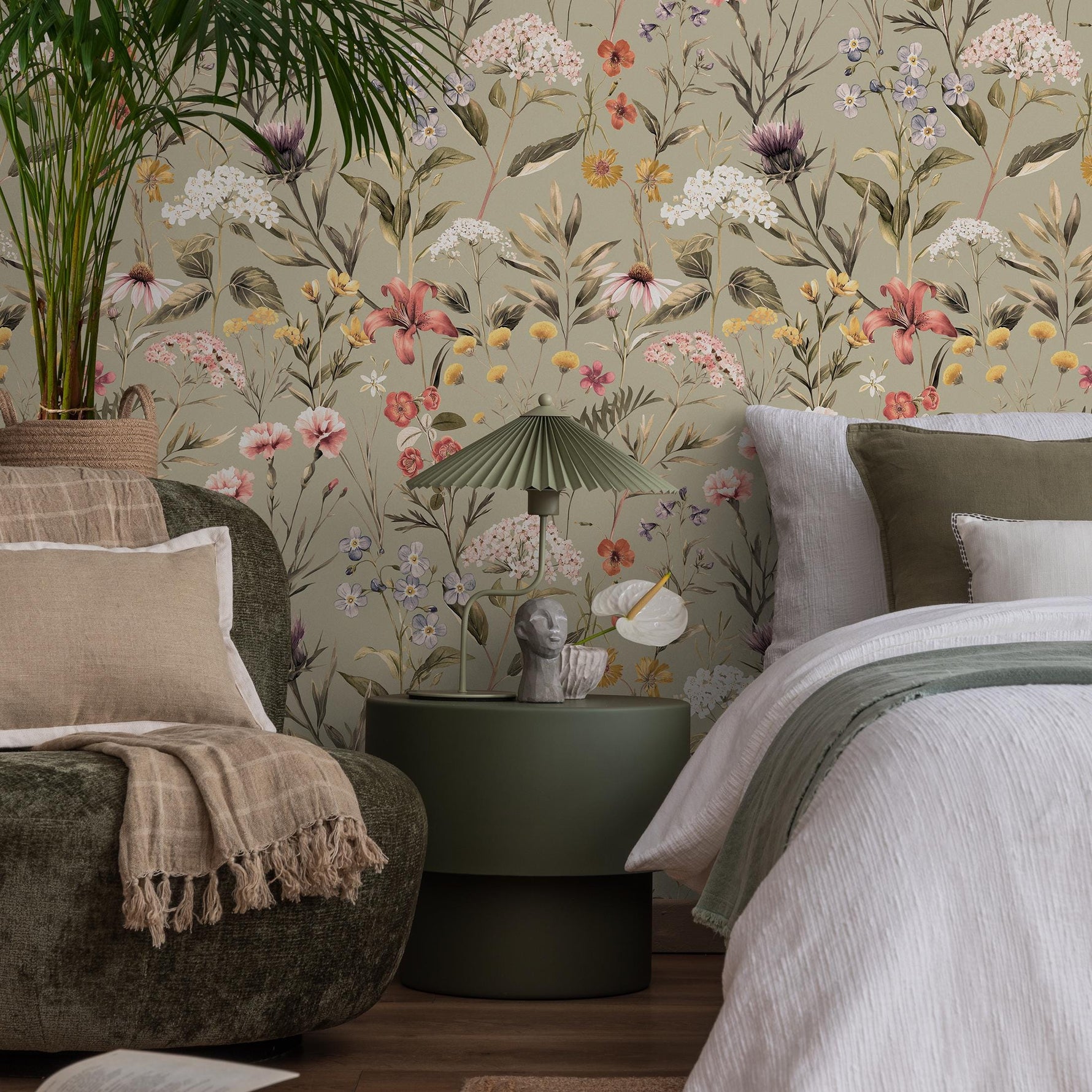 Floral Wallpaper, Botanical Scenic Wall Mural, Removable Wallpaper, Greenery, Peel and Stick Wallpaper, Reusable, Plant Wall Decor - E102 A