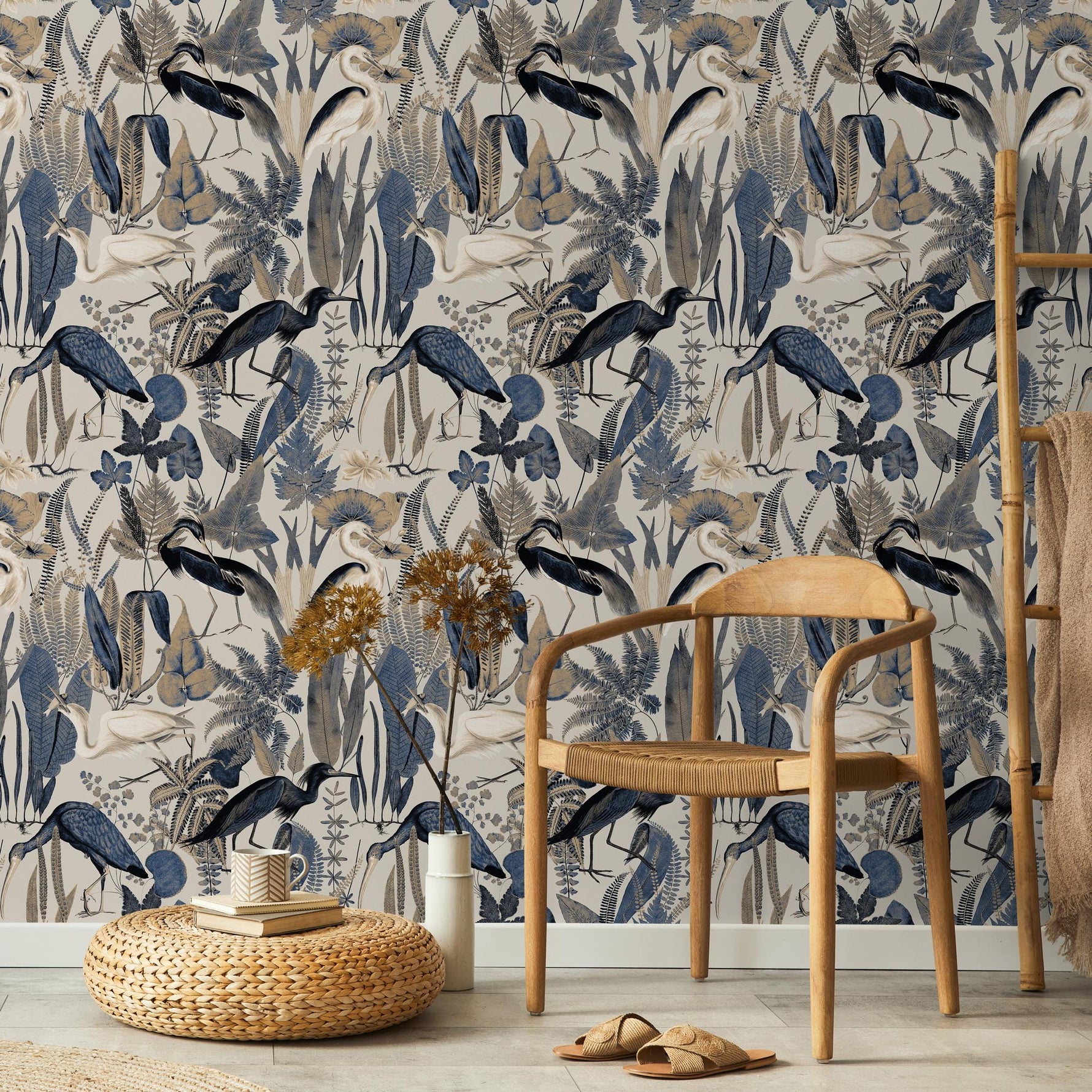 Heron Wallpaper, Peel and Stick Heron Wallpaper, Peel and Stick Wallpaper, Removable Botanical Wallpaper, Pink Crane Wallpaper - E104 A