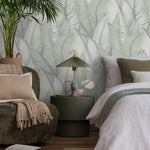 Light Sage Green Palm Leaves Wallpaper, Subtle Design Palm Leaf Wallpaper, Botanical Peel and Stick or Traditional material - E029