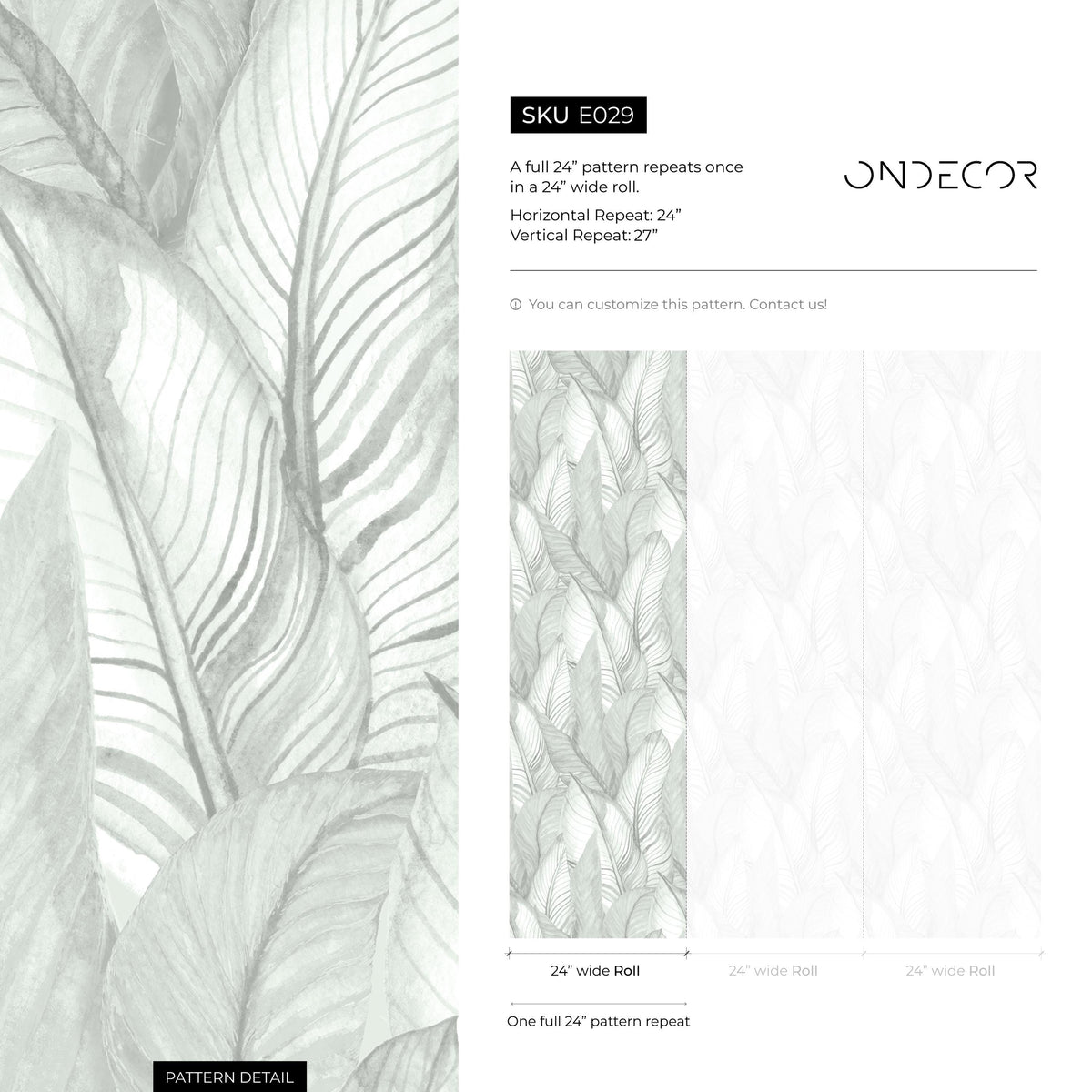 Light Sage Green Palm Leaves Wallpaper, Subtle Design Palm Leaf Wallpaper, Botanical Peel and Stick or Traditional material - E029