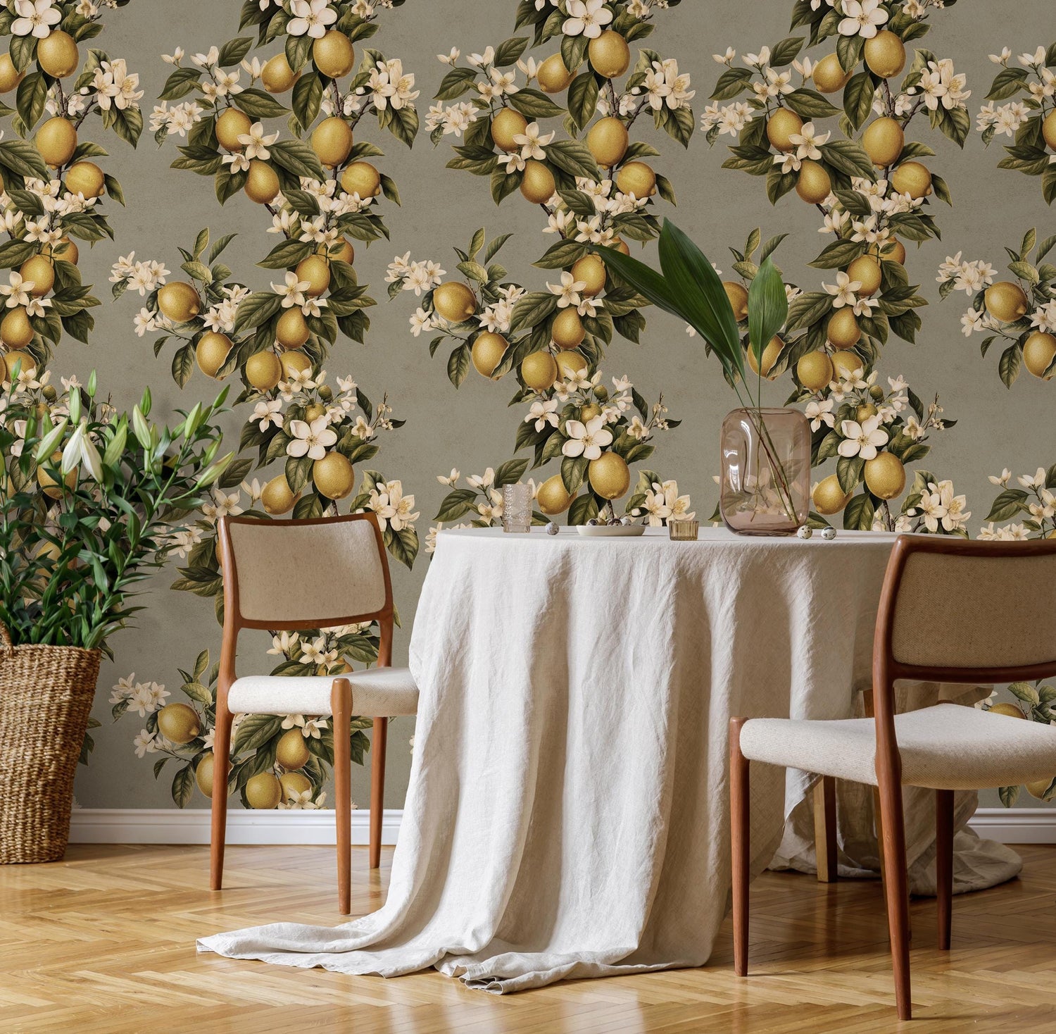 Vintage lemon tree wallpaper, citrus wallpaper, fruit kitchen wallpaper, Italian-inspired home decor - LEMON - E059 A
