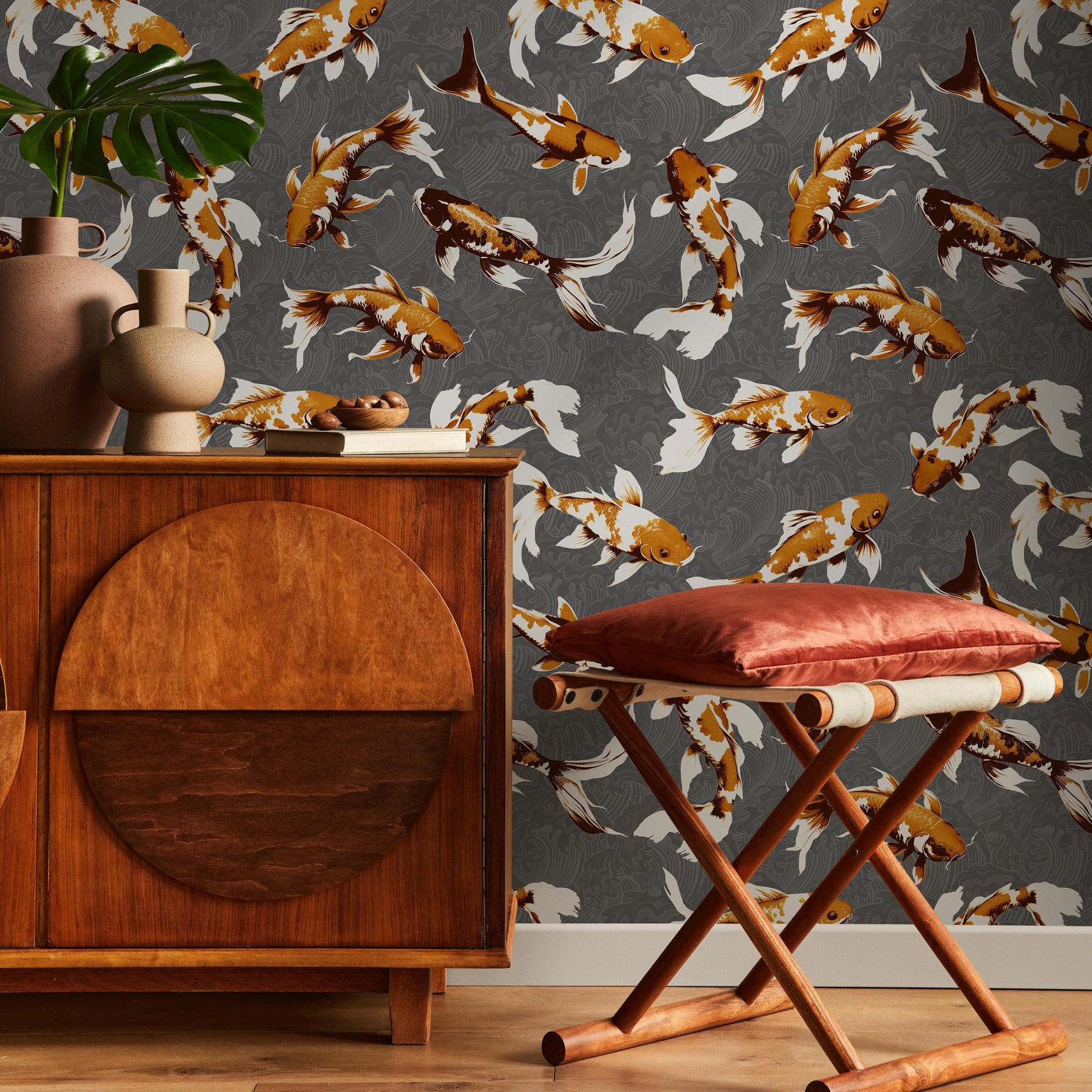 Koi fish wallpaper, Vintage marine wall mural, Japanese waves, Japanese fish - E064