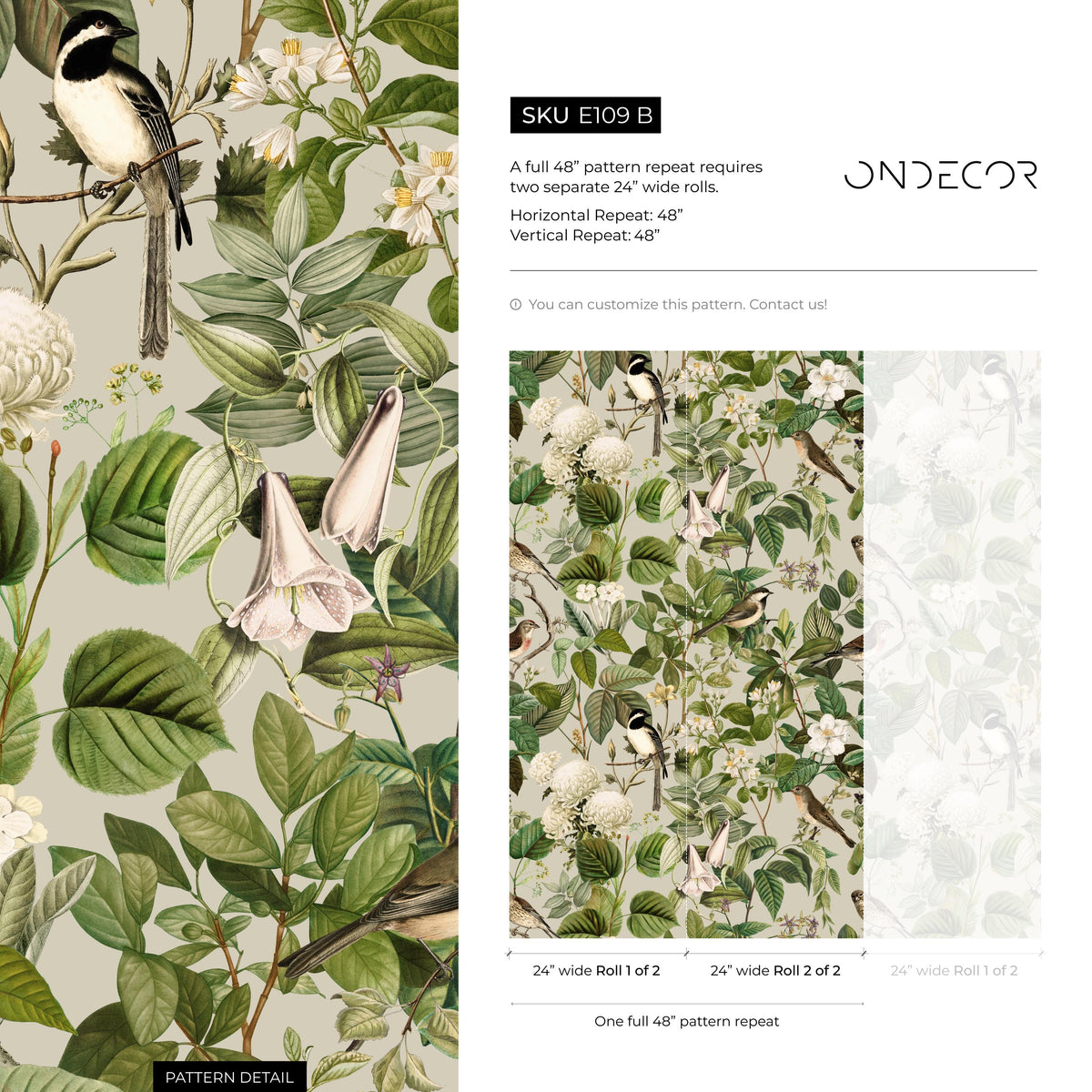 Floral Wallpaper, Botanical Scenic Wall Mural, Removable Wallpaper, Peel and Stick Wallpaper, Reusable, Green Plant Wall Decor - E109 B