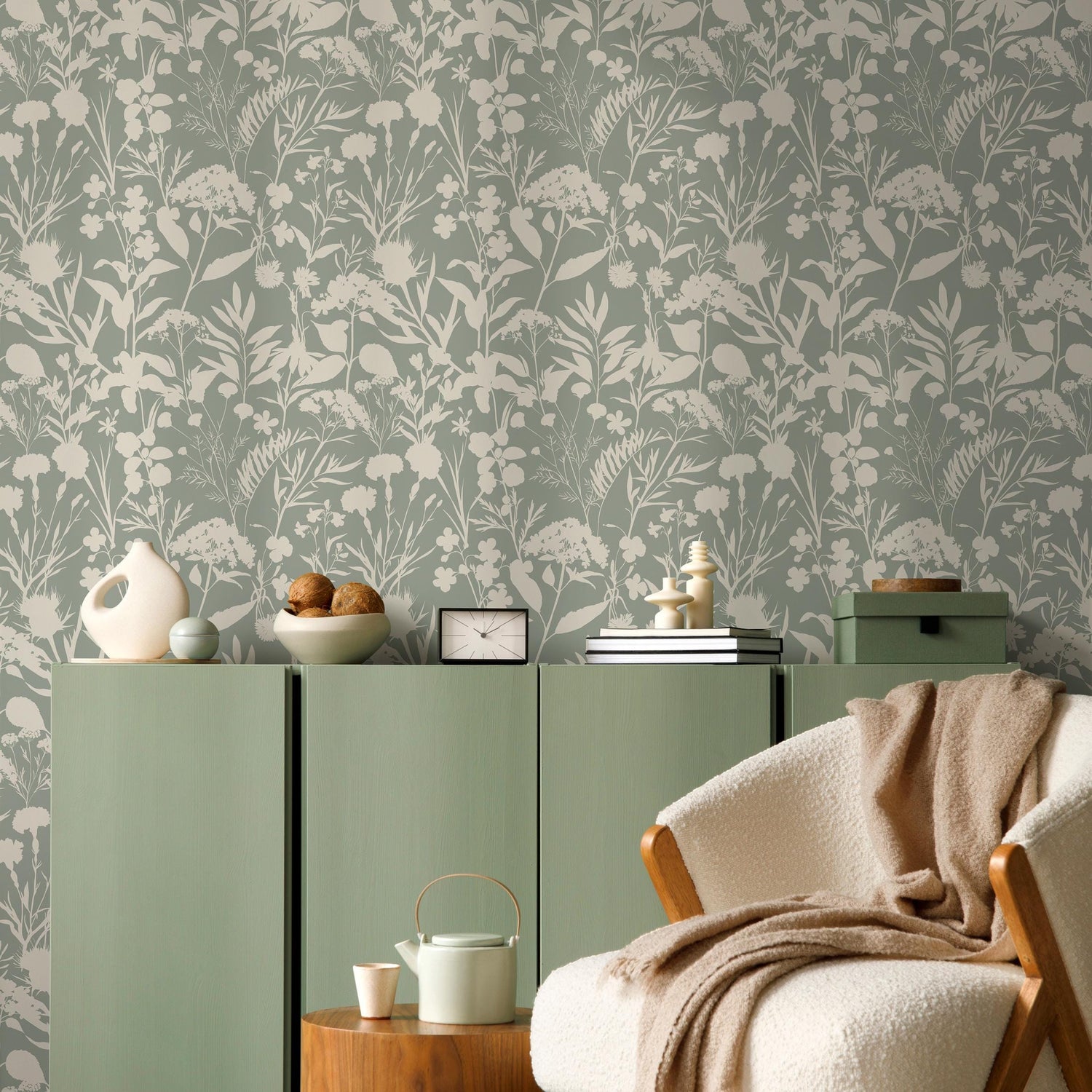 Floral wallpaper, botanical landscape wall mural, removable wallpaper, greenery, self-adhesive wallpaper, reusable, plant wall decor - E111