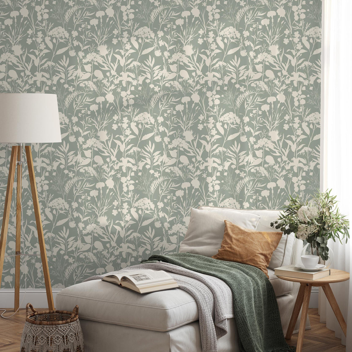Floral wallpaper, botanical landscape wall mural, removable wallpaper, greenery, self-adhesive wallpaper, reusable, plant wall decor - E111