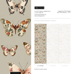 Vintage butterfly peel and stick wallpaper, dark green wallpaper, small animal wallpaper, botanical wallpaper, removable wallpaper - E112 B