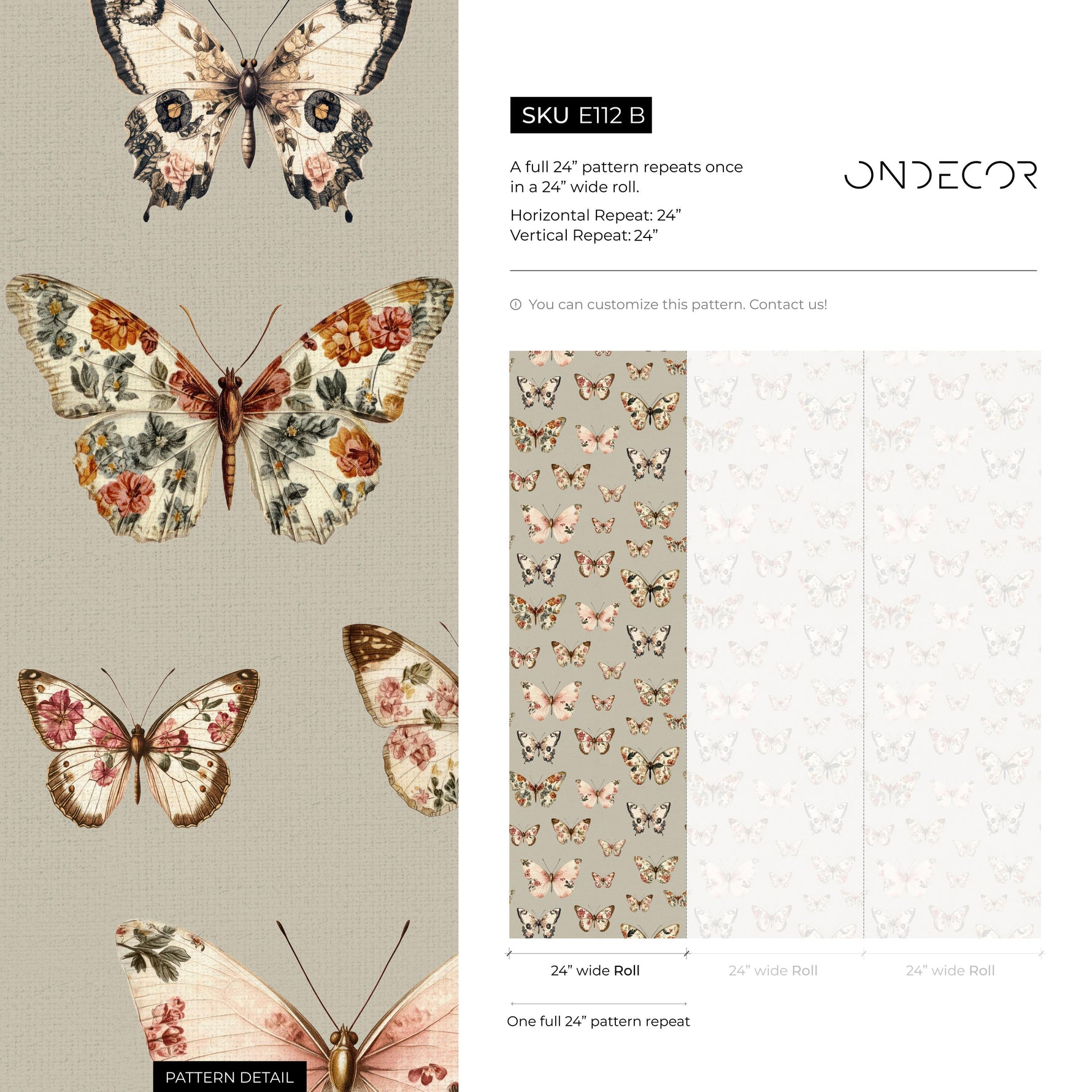 Vintage butterfly peel and stick wallpaper, dark green wallpaper, small animal wallpaper, botanical wallpaper, removable wallpaper - E112 B
