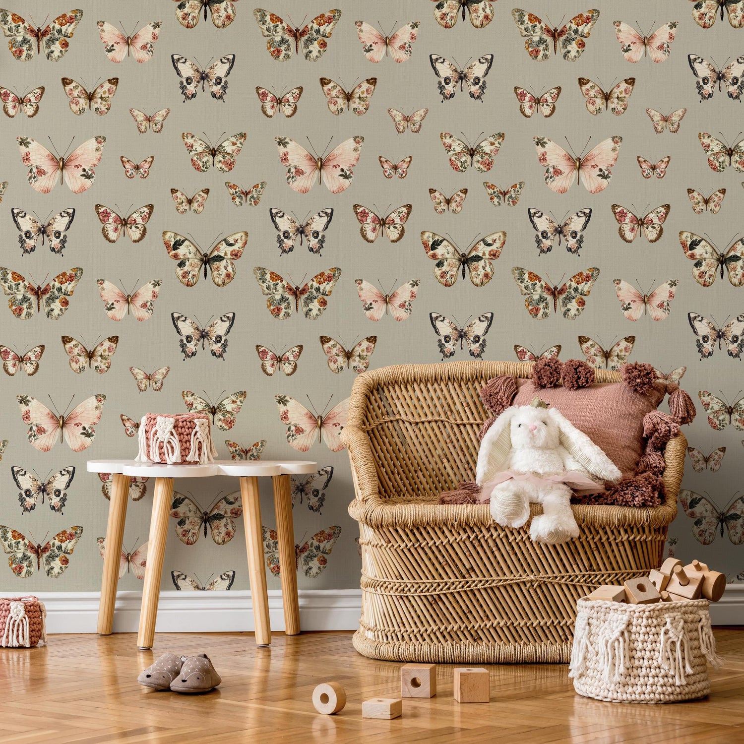 Vintage butterfly peel and stick wallpaper, dark green wallpaper, small animal wallpaper, botanical wallpaper, removable wallpaper - E112 B