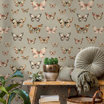 Vintage butterfly peel and stick wallpaper, dark green wallpaper, small animal wallpaper, botanical wallpaper, removable wallpaper - E112 B