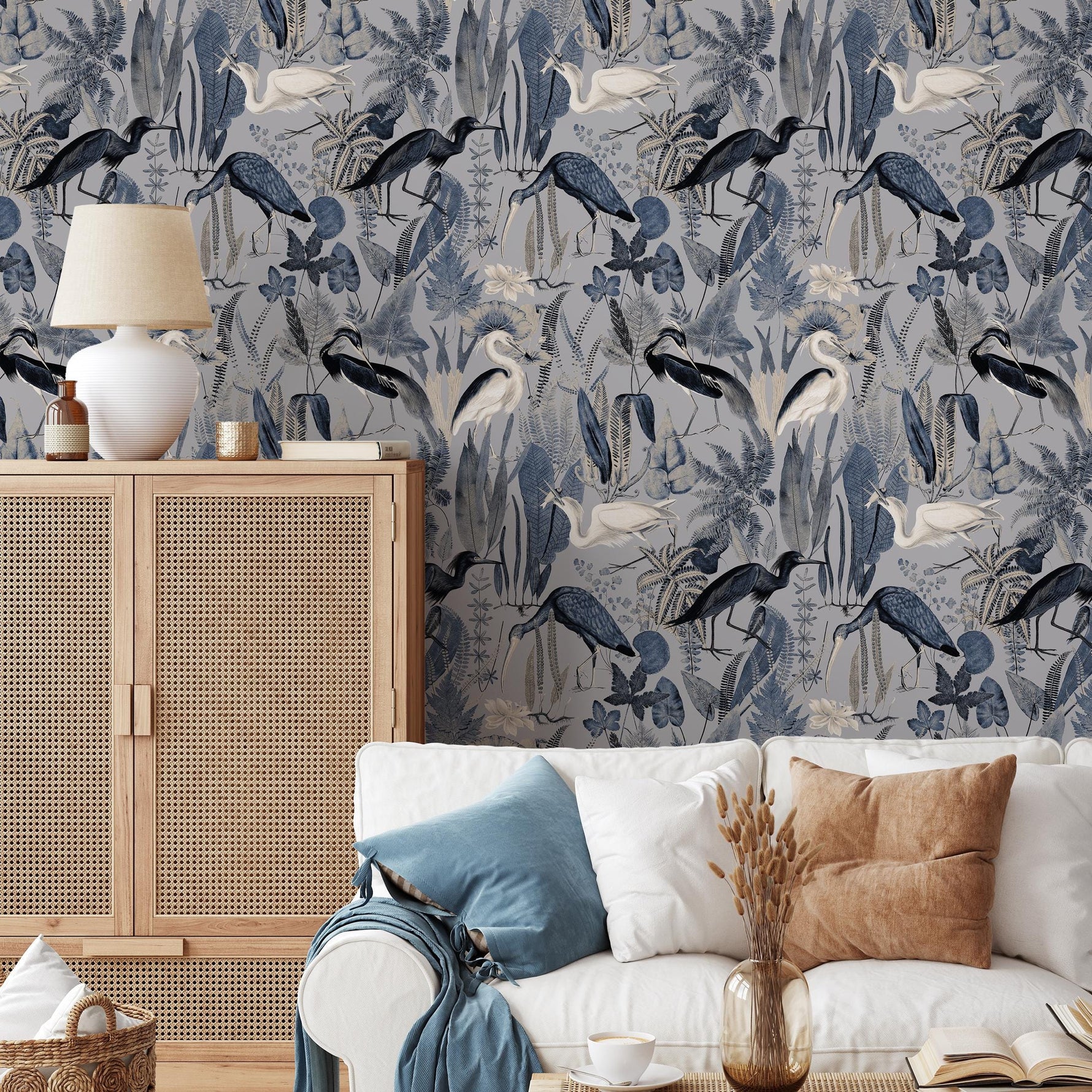 Heron Wallpaper, Peel and Stick Heron Wallpaper, Peel and Stick Wallpaper, Removable Botanical Wallpaper, Wallpaper - E115