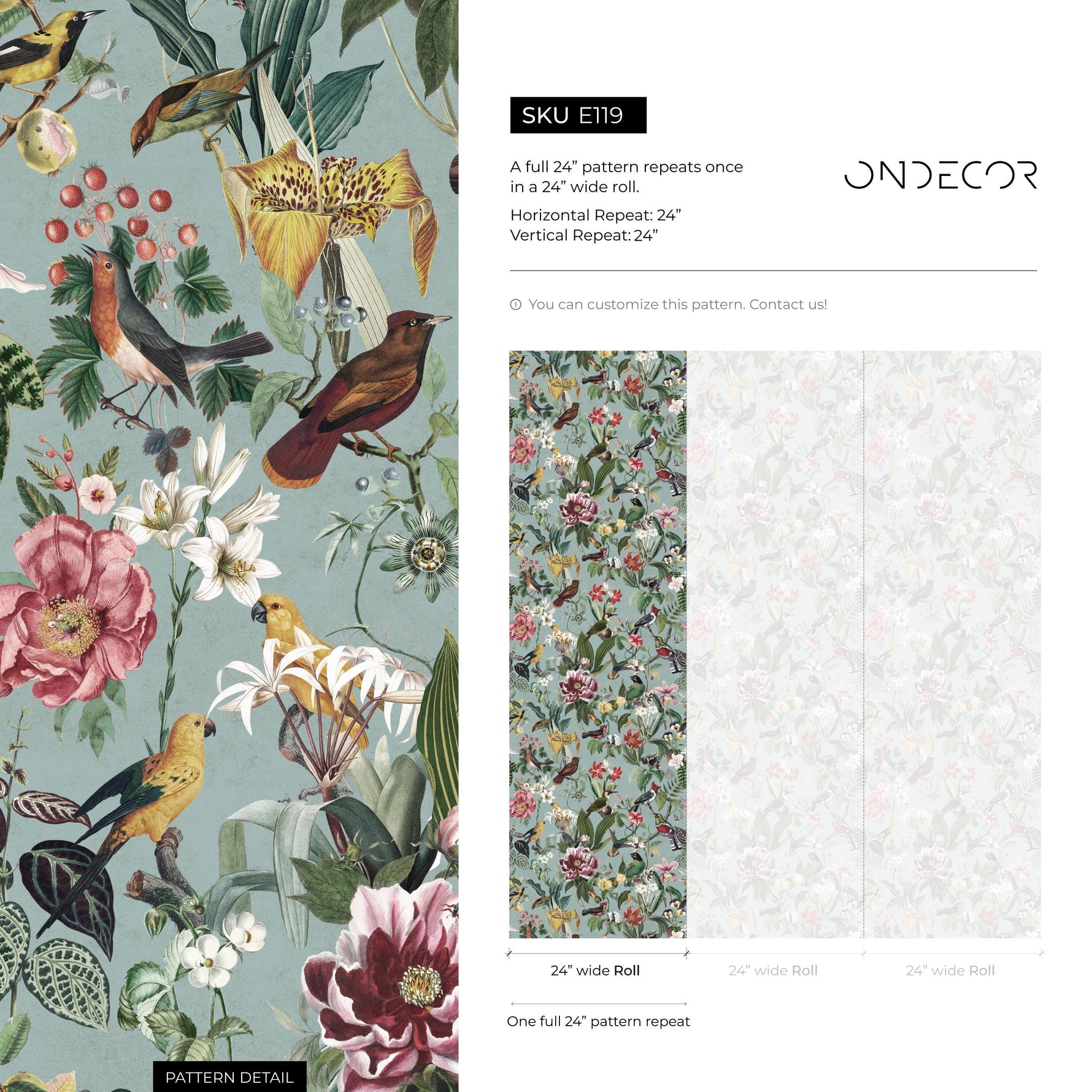 Bird Wallpaper Traditional Wallpaper Removable Peel and Stick Wallpaper, Self Adhesive, Renter Friendly, Feminine Green Wallpaper - E119