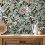 Bird Wallpaper Traditional Wallpaper Removable Peel and Stick Wallpaper, Self Adhesive, Renter Friendly, Feminine Green Wallpaper - E119