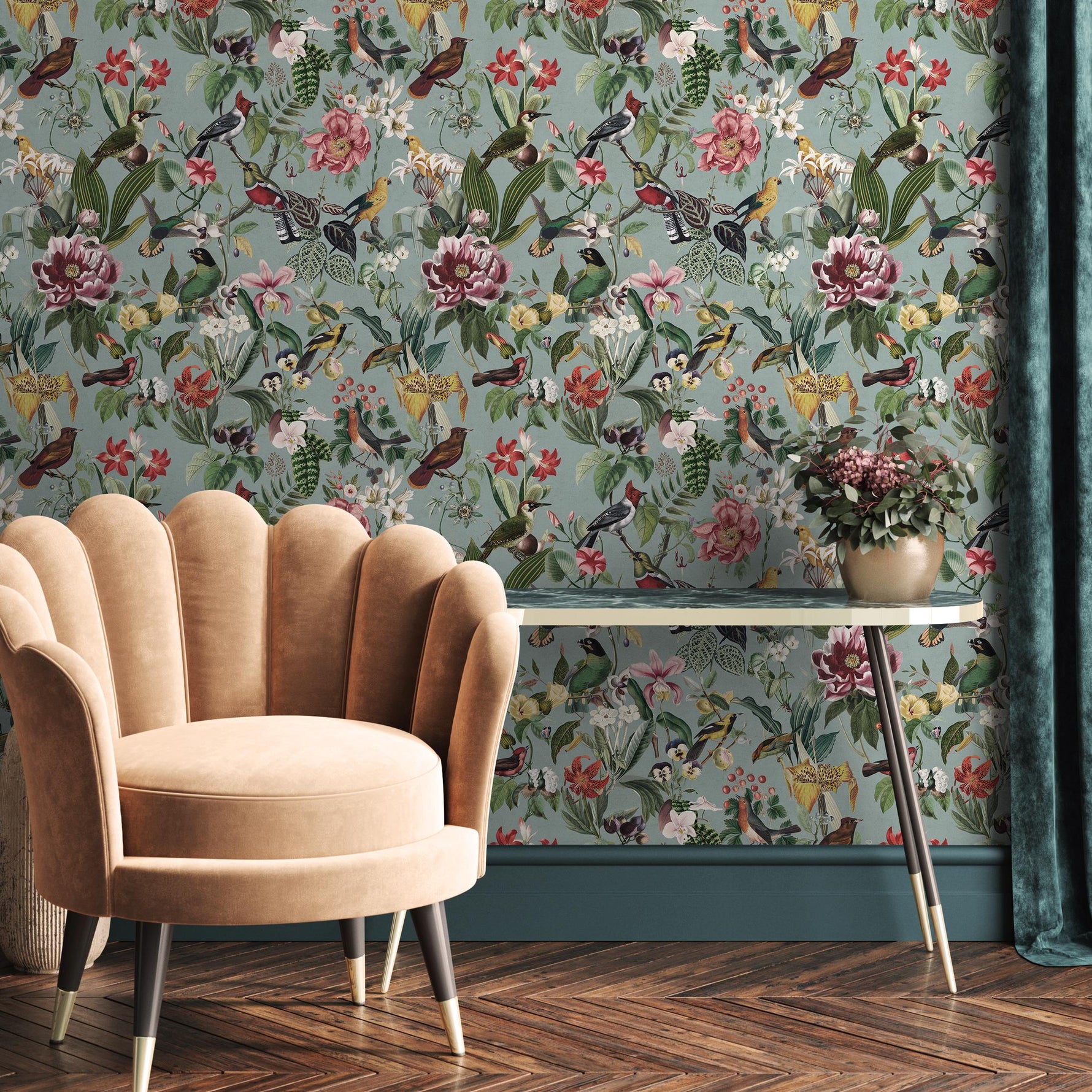 Bird Wallpaper Traditional Wallpaper Removable Peel and Stick Wallpaper, Self Adhesive, Renter Friendly, Feminine Green Wallpaper - E119