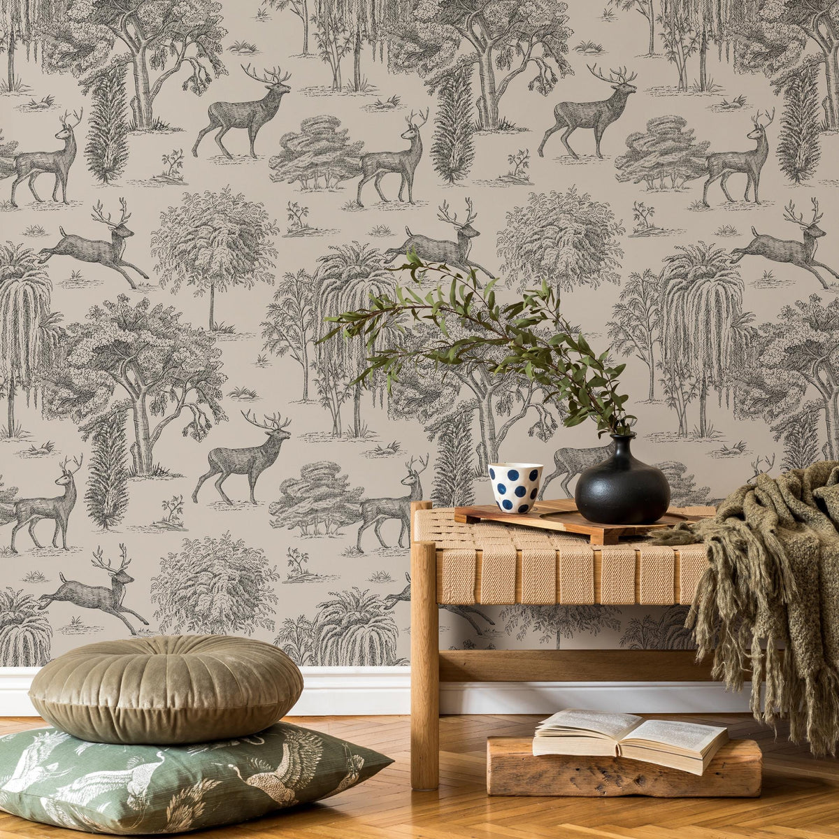 Retro Vintage French Toile de Jouy Wallpaper, Print Wall Decor - E122 B