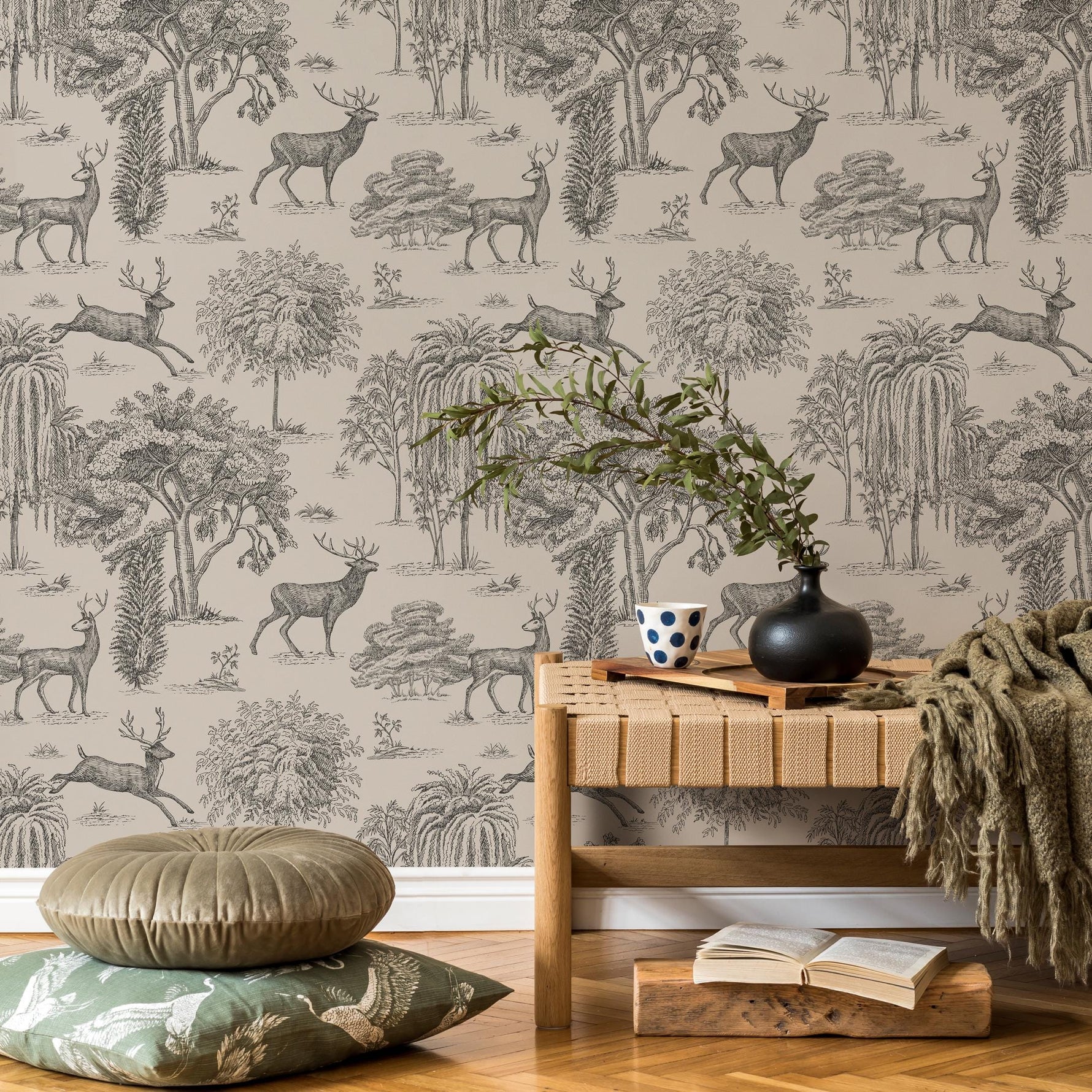 Retro Vintage French Toile de Jouy Wallpaper, Print Wall Decor - E122 B