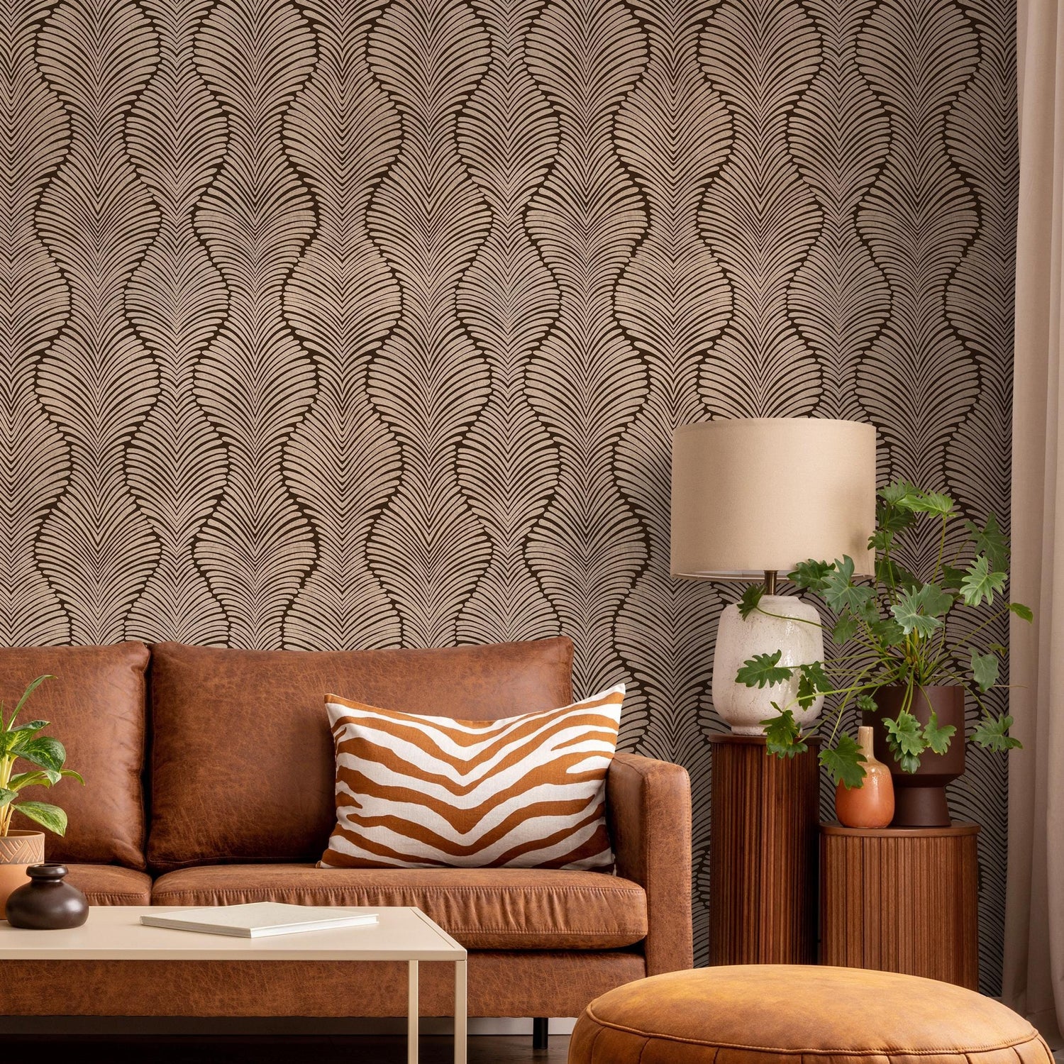 Art Deco Wallpaper with a Scalloped Feather Motif in Brown and Beige - E131 A