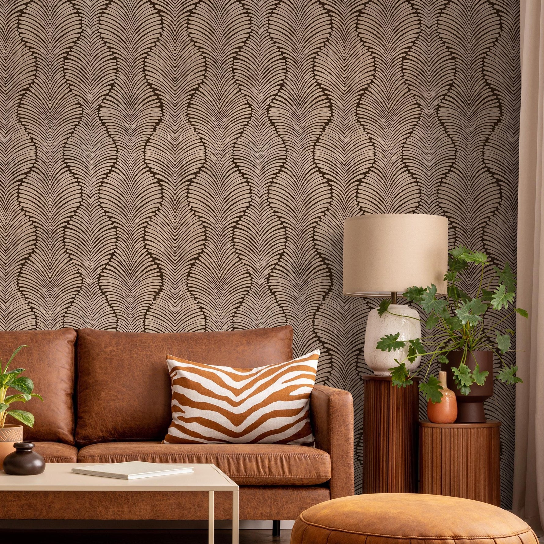 Art Deco Wallpaper with a Scalloped Feather Motif in Brown and Beige - E131 A