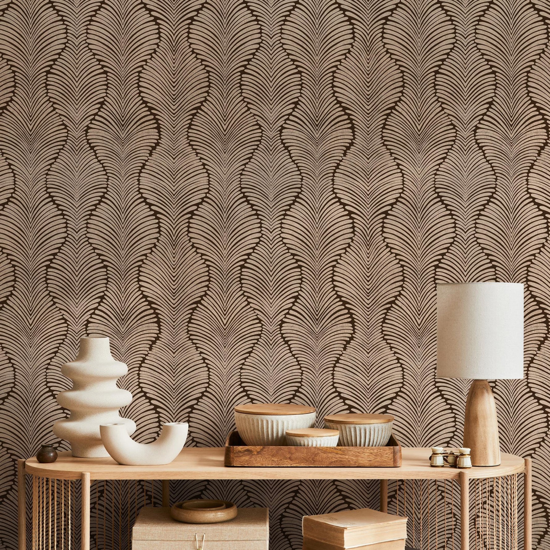 Art Deco Wallpaper with a Scalloped Feather Motif in Brown and Beige - E131 A