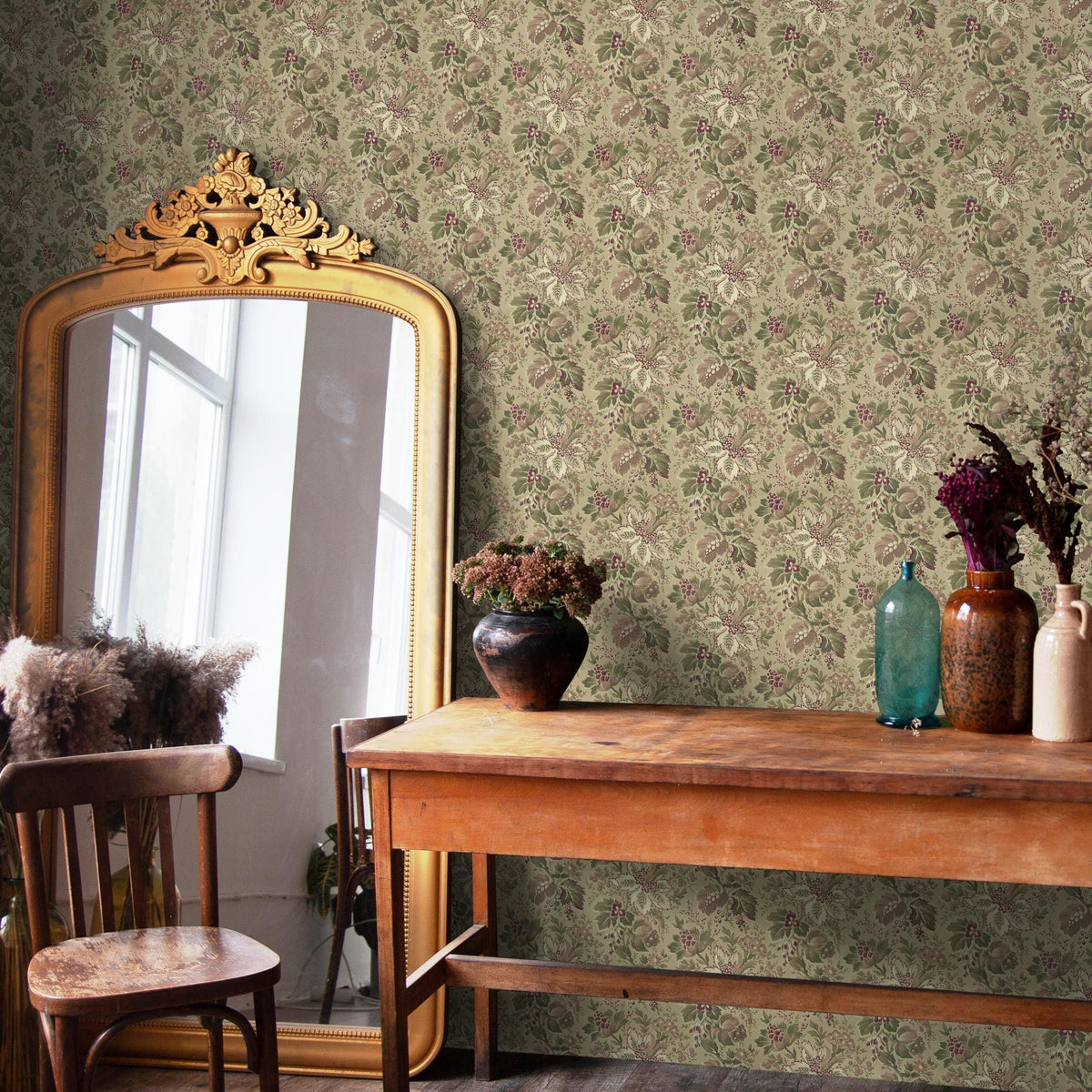 Floral Wallpaper with a Vintage Damask Motif in Green, Mauve, and Burgundy - E133 A