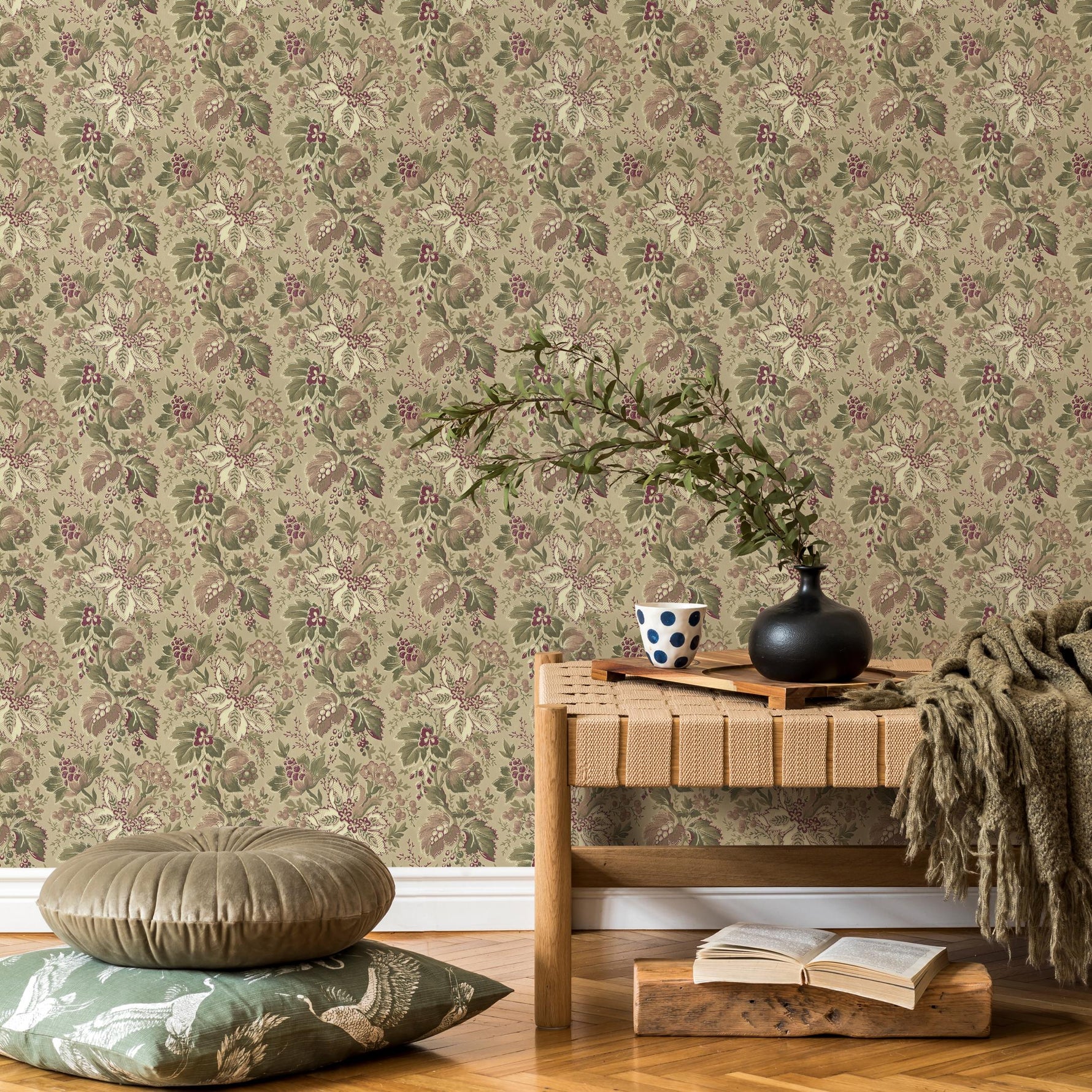 Floral Wallpaper with a Vintage Damask Motif in Green, Mauve, and Burgundy - E133 A