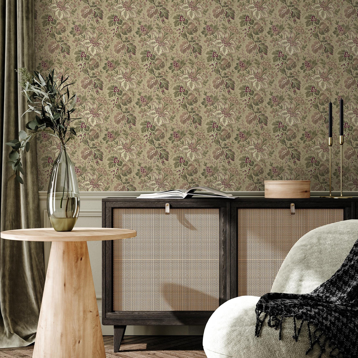 Floral Wallpaper with a Vintage Damask Motif in Green, Mauve, and Burgundy - E133 A