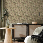Floral Wallpaper with a Vintage Damask Motif in Green, Mauve, and Burgundy - E133 A
