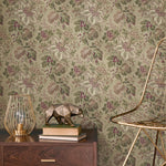 Floral Wallpaper with a Vintage Damask Motif in Green, Mauve, and Burgundy - E133 A