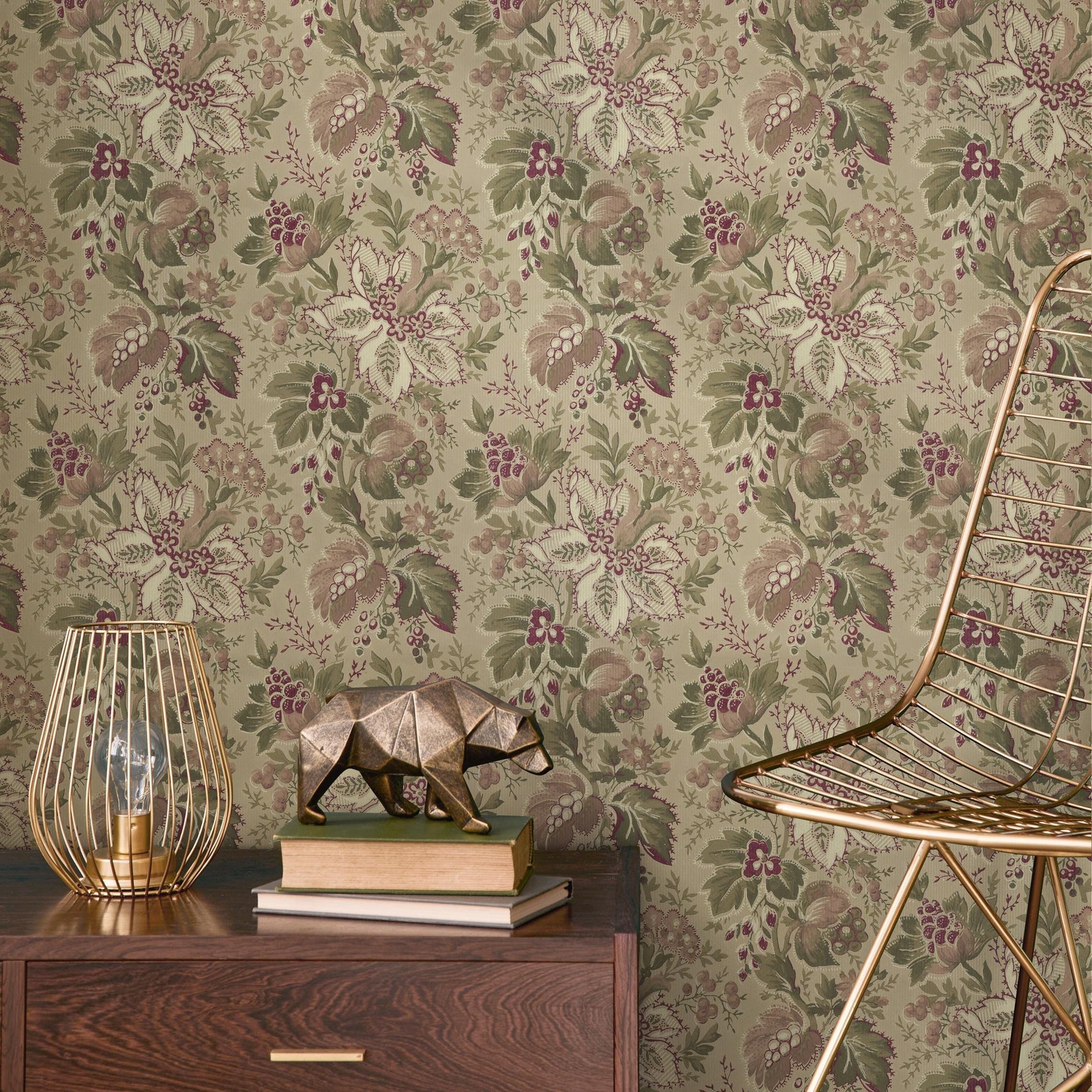 Floral Wallpaper with a Vintage Damask Motif in Green, Mauve, and Burgundy - E133 A