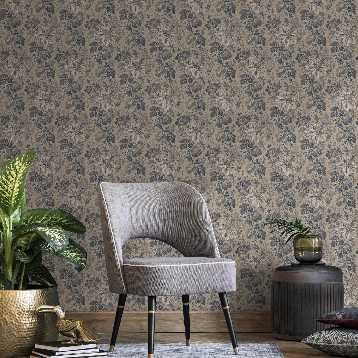 Botanical Wallpaper with a Vintage Leaf Motif in Blue, Grey, and Beige - E133 B
