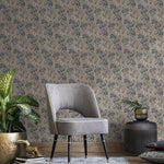 Botanical Wallpaper with a Vintage Leaf Motif in Blue, Grey, and Beige - E133 B