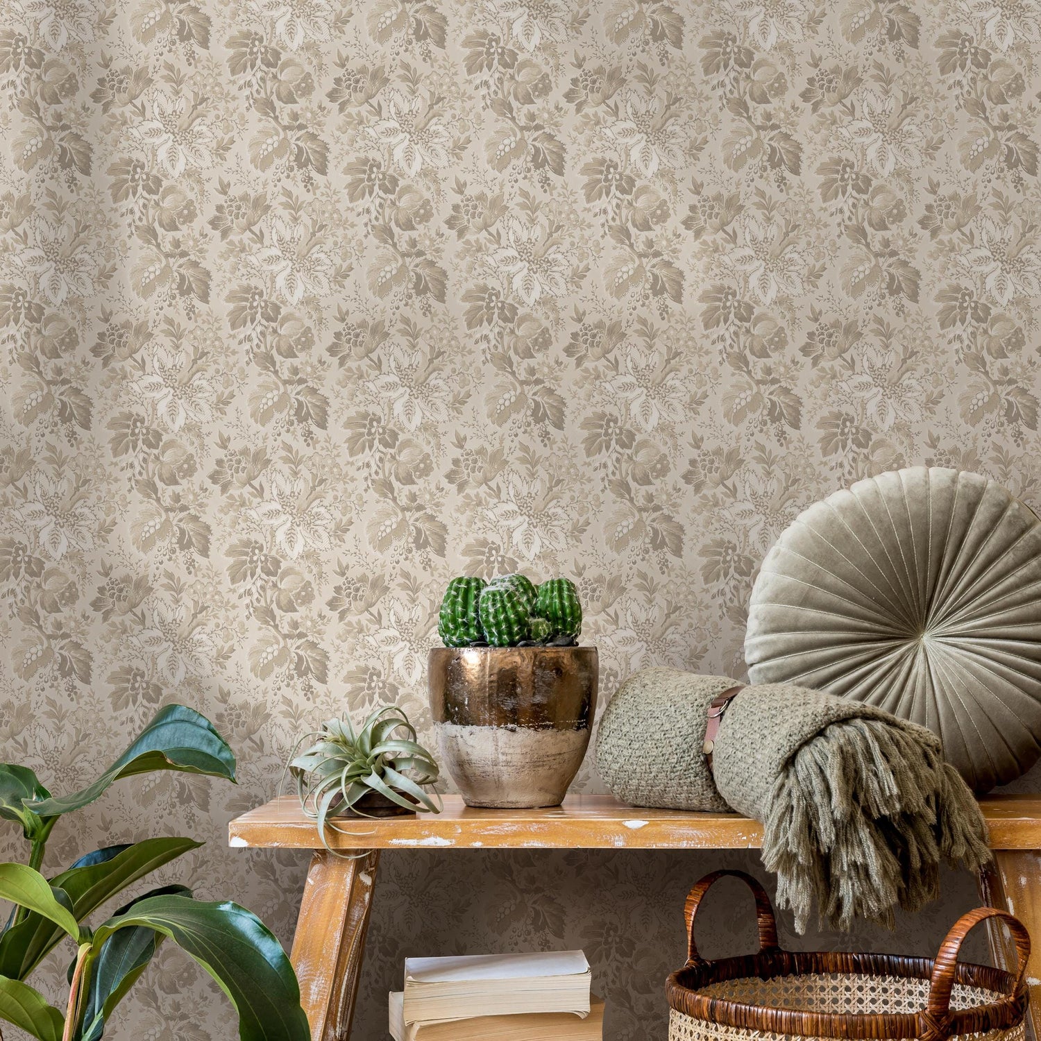Damask Wallpaper with a Vintage Botanical Motif in Beige and Taupe - E133 C